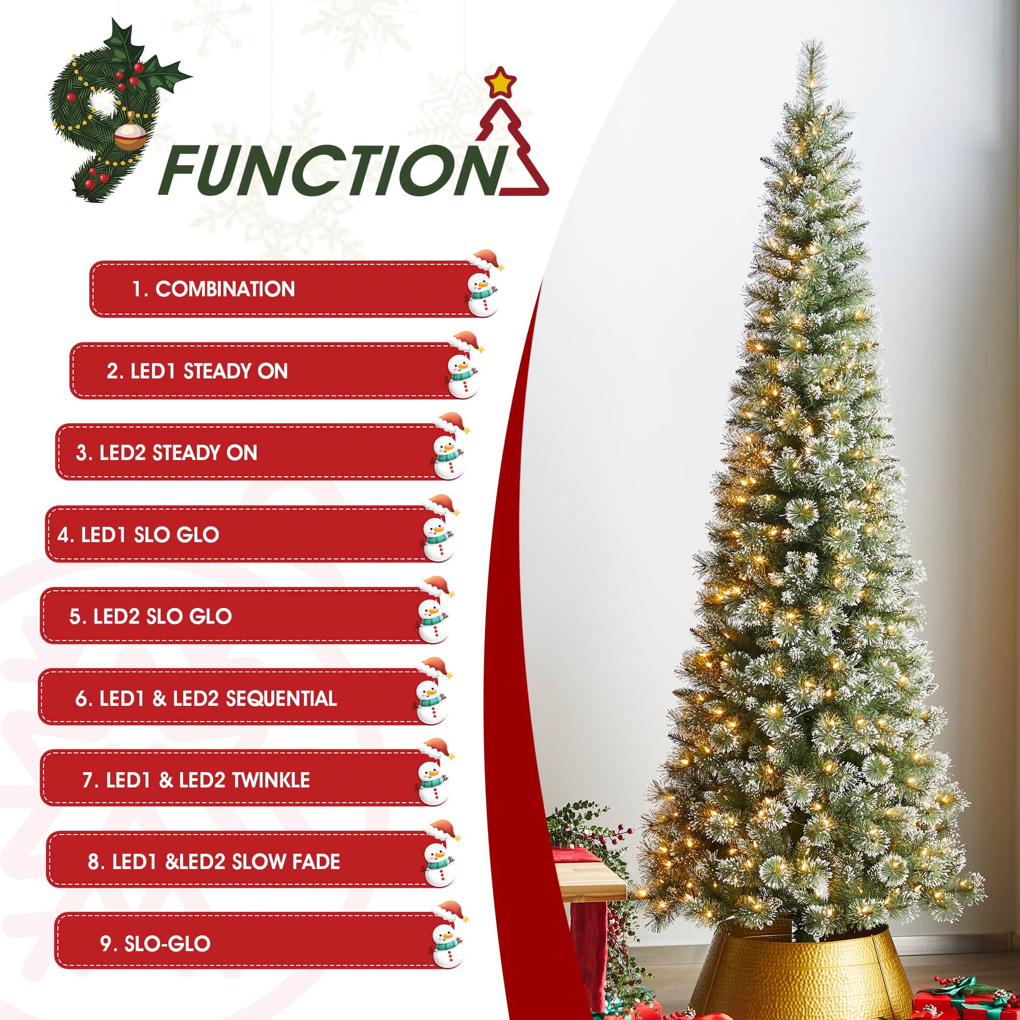 Glitzhome&#xAE; 9ft Pre-Lit Frosted Cashmere Pencil Pine Artificial Christmas Tree, Multicolor LED Lights
