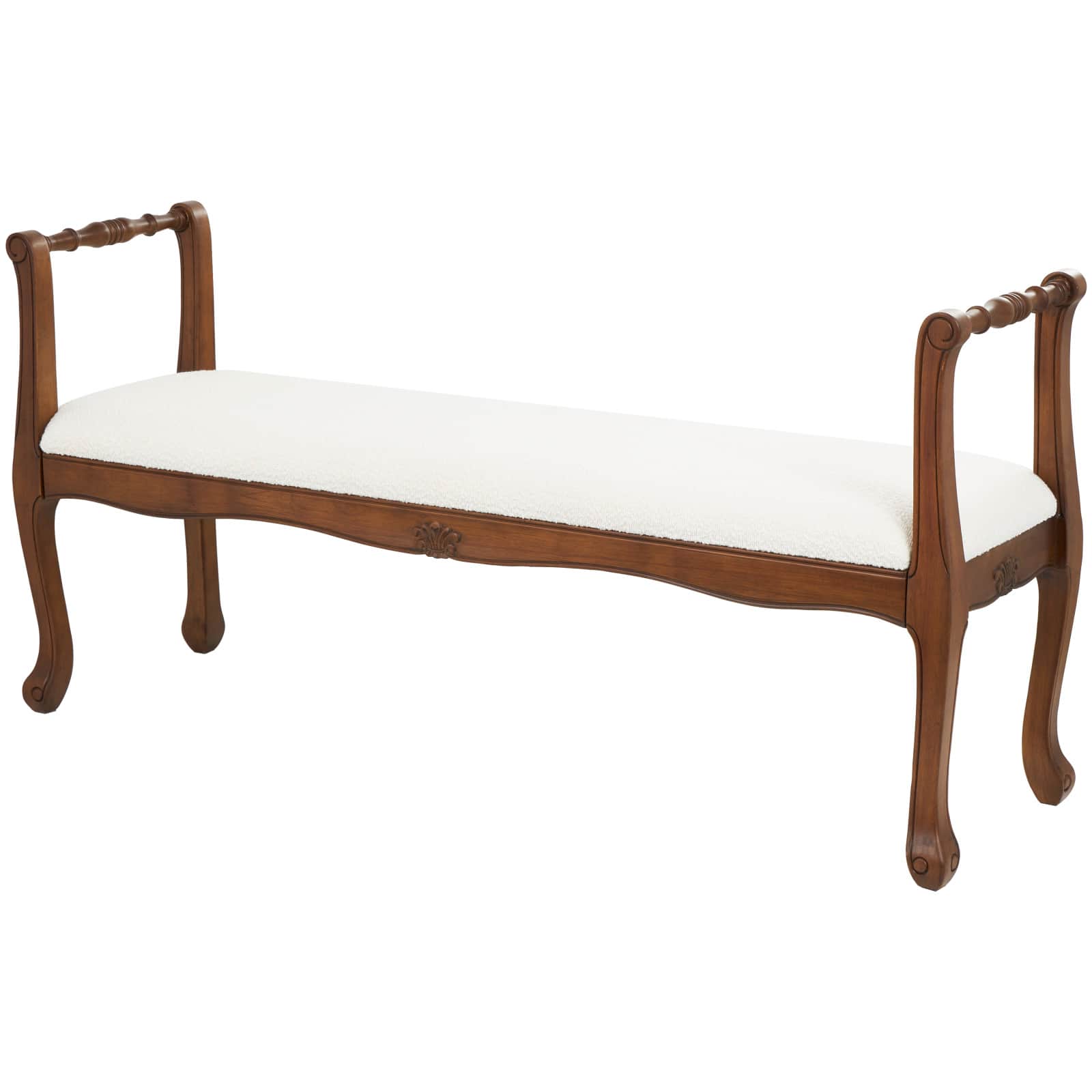 55" Cream Fabric Arm Bench with Brown Traditional Wood Turned Legs