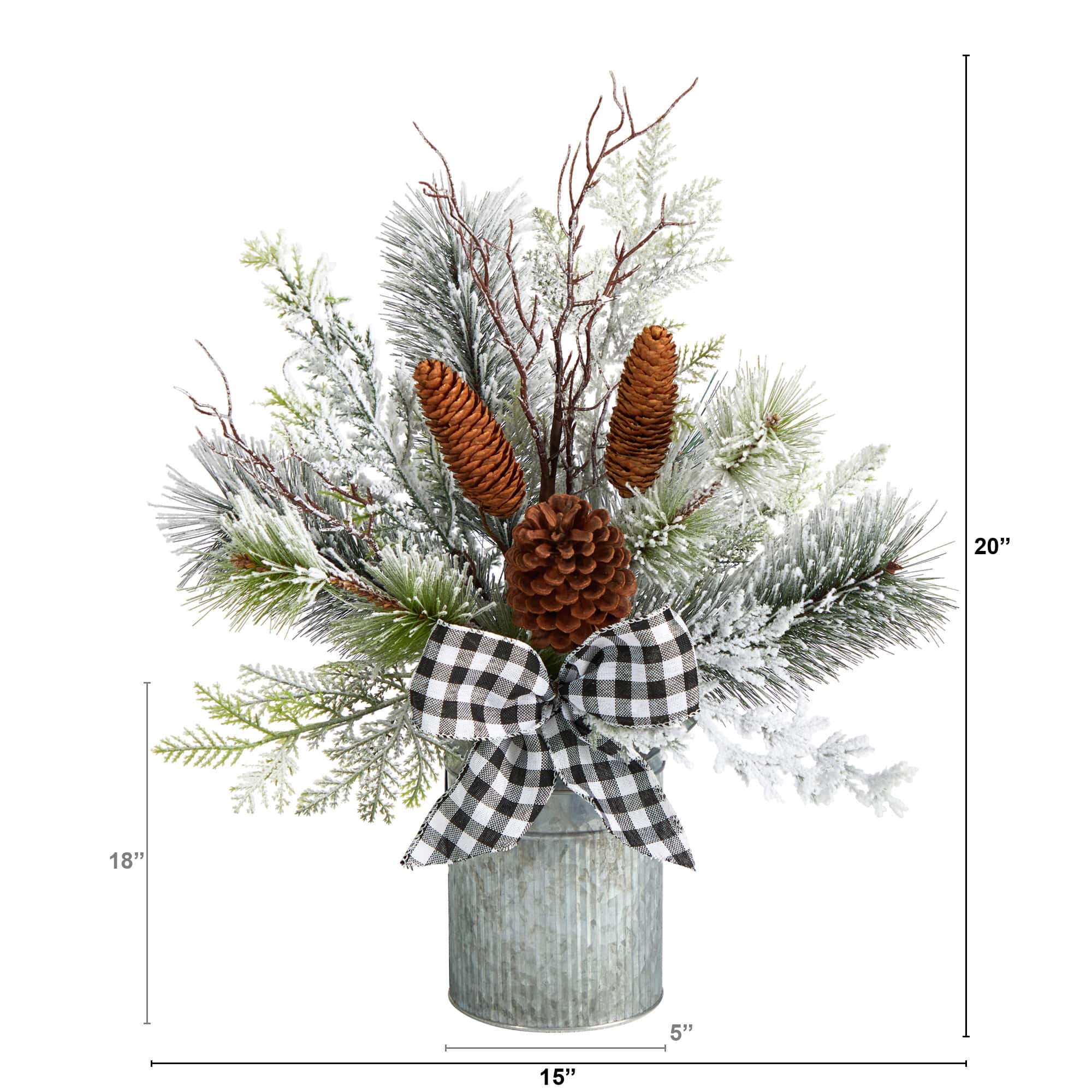 20" Winter Greenery, Pinecones & Gingham Plaid Bow Arrangement