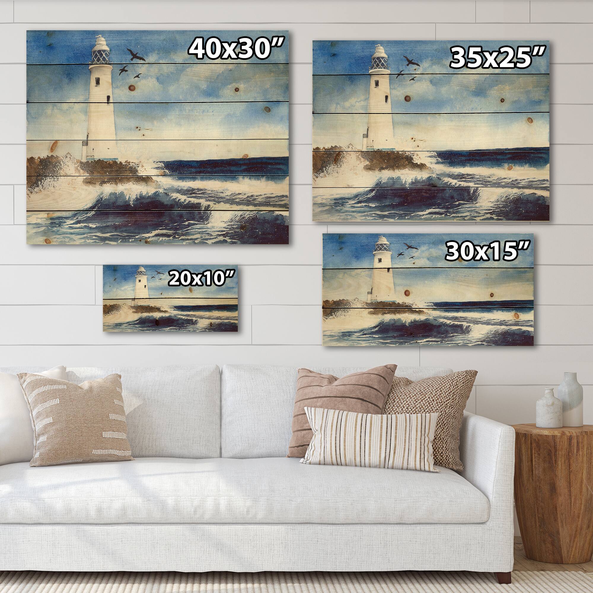 Designart - Lighthouse On The Rocky Island With Seagulls - Nautical & Coastal Print on Natural Pine Wood