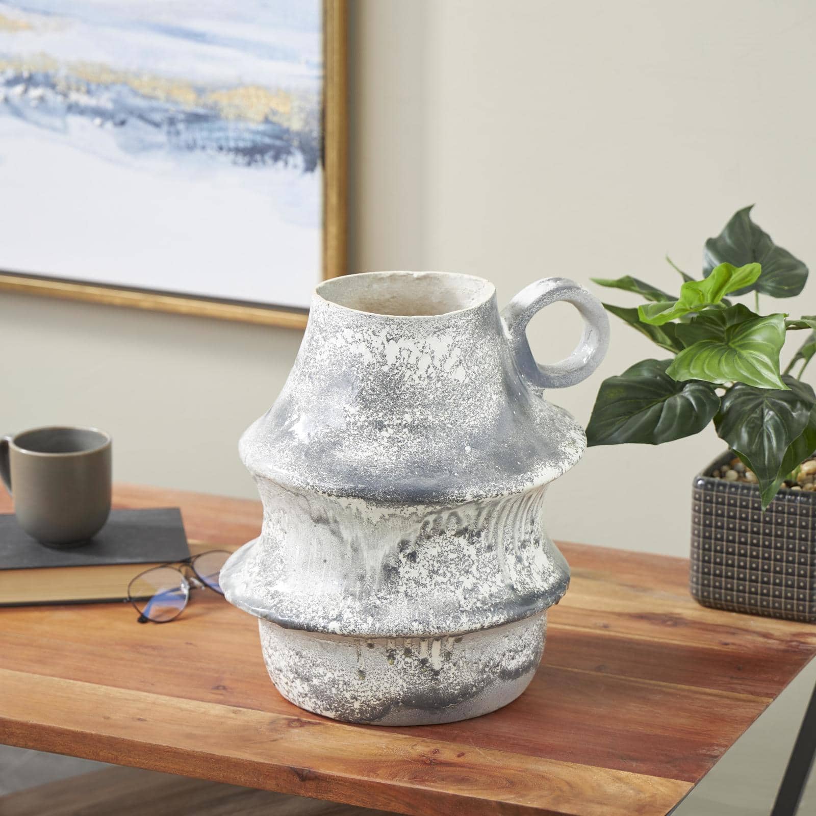 15" Light Gray Textured Paper Mache Fluted Vase with Ring Handle