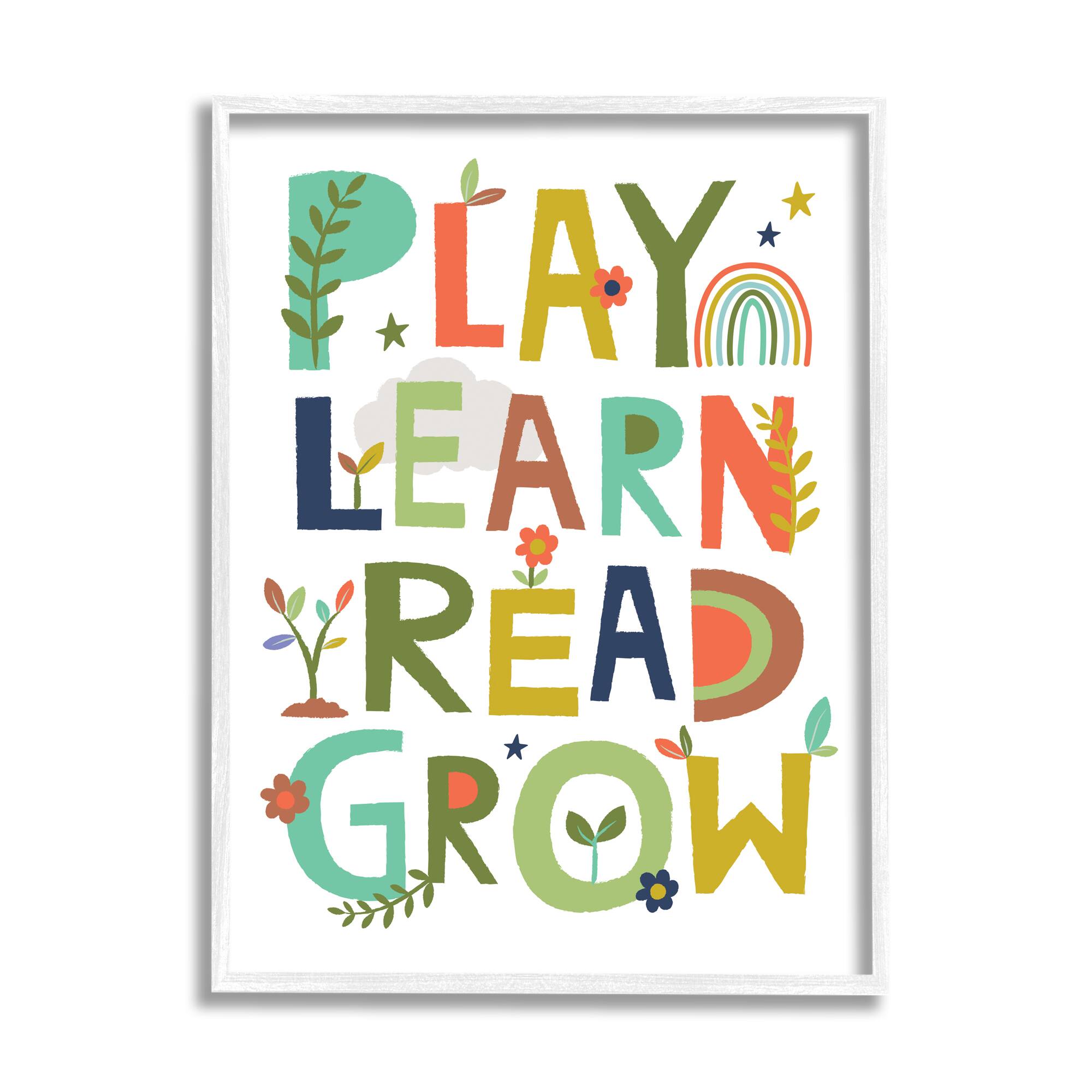 Stupell Industries Play Learn Read Grow Children's Typography Rainbow Flowers Framed Wall Art