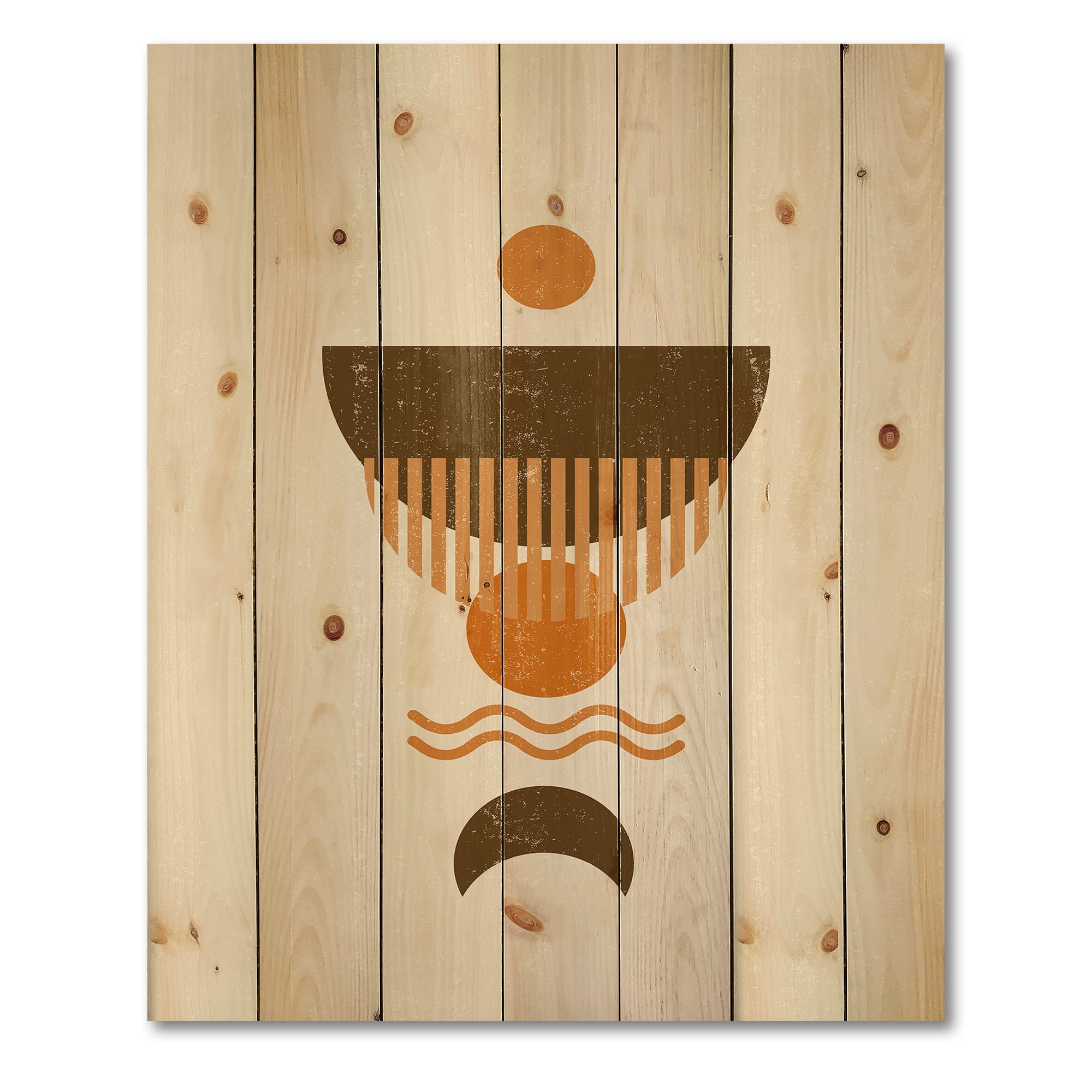 Designart - Abstract Minimal Orange Sun and Brown Moon - Modern Print on Natural Pine Wood