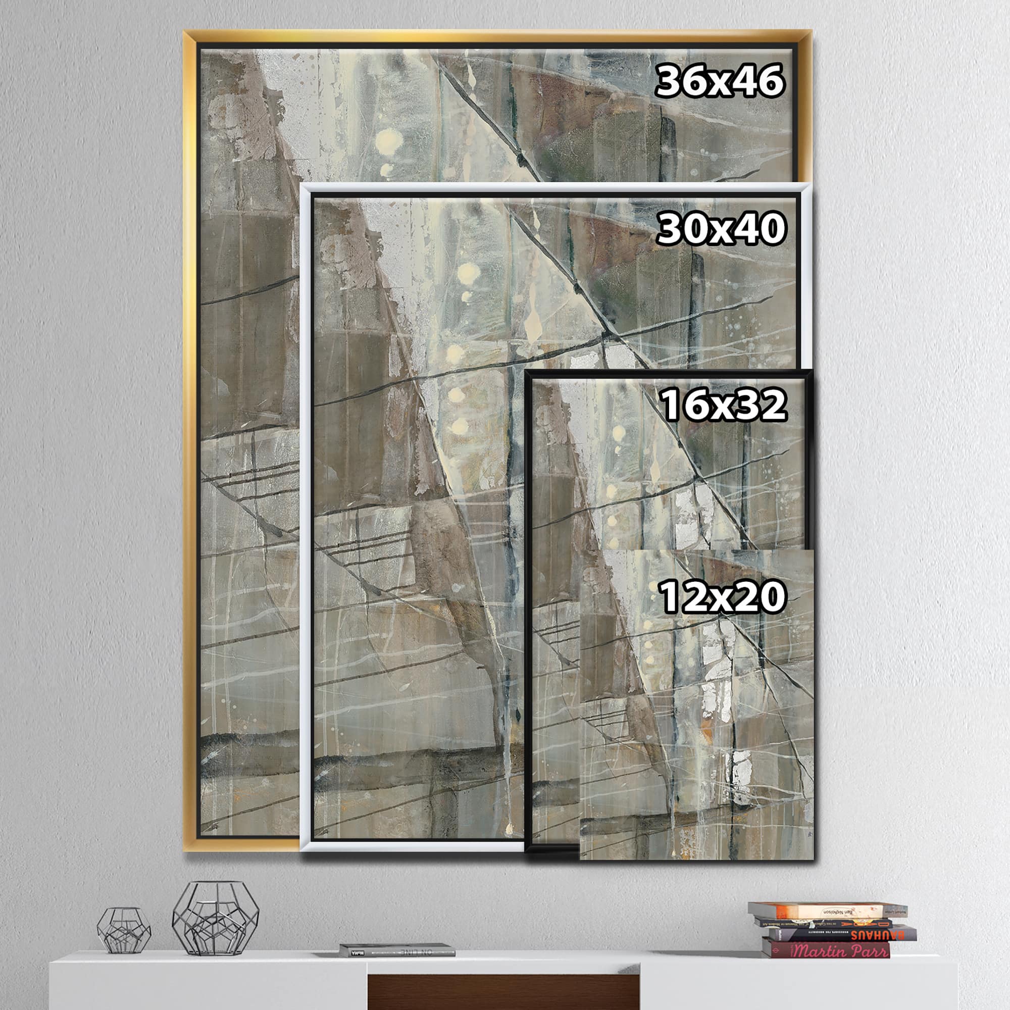 Designart - Silver and Beige Abstract Waterpainting - Contemporary Canvas in Gold Frame