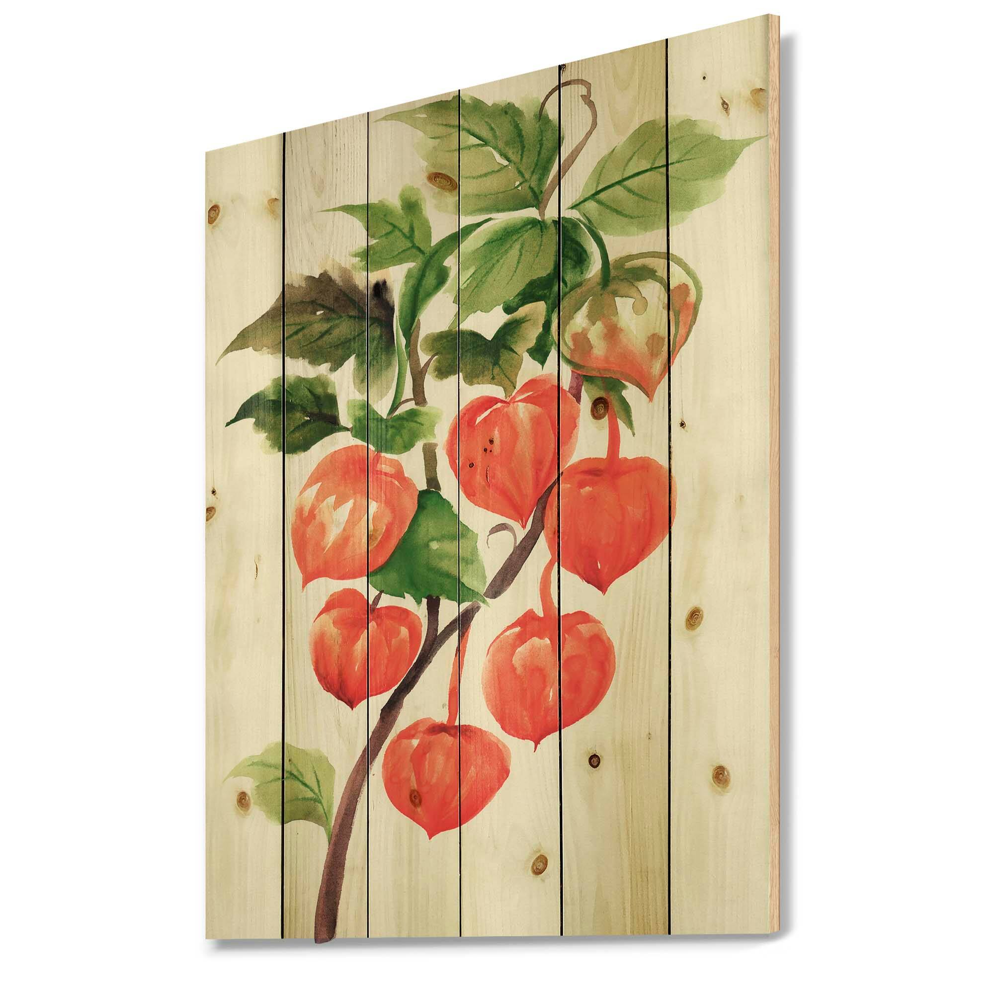Designart - A Branch of Red Physalis - Traditional Print on Natural Pine Wood