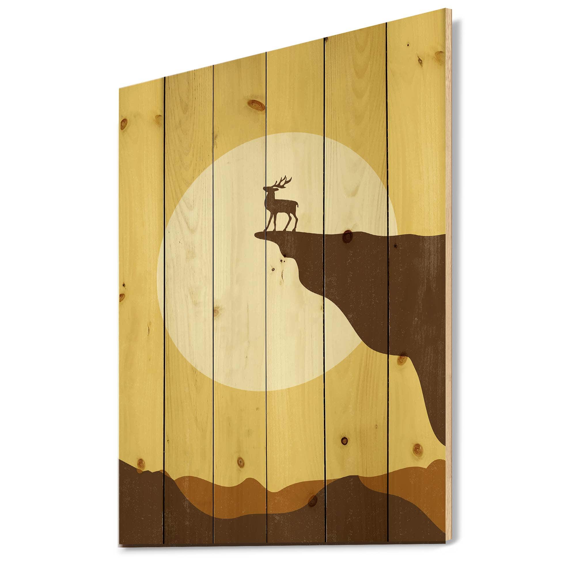 Designart - Minimalistic Deer At Sunset On Mountain Top Sunset - Lake House Print on Natural Pine Wood