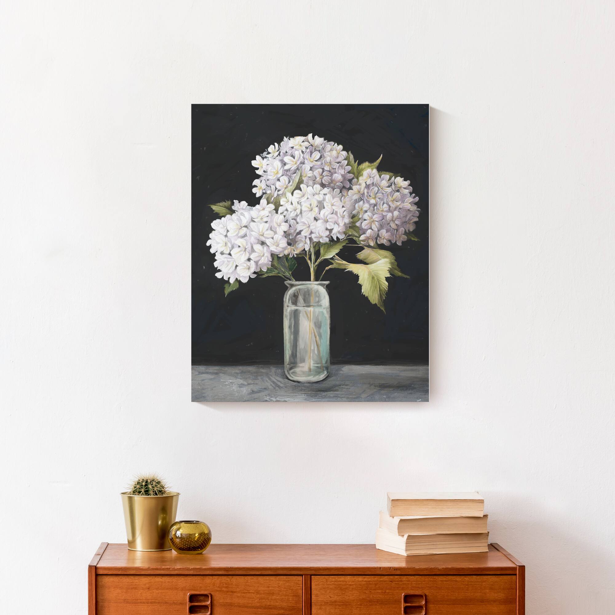 White Hydrangeas In A Vase 16" x 20" Canvas Wall Art