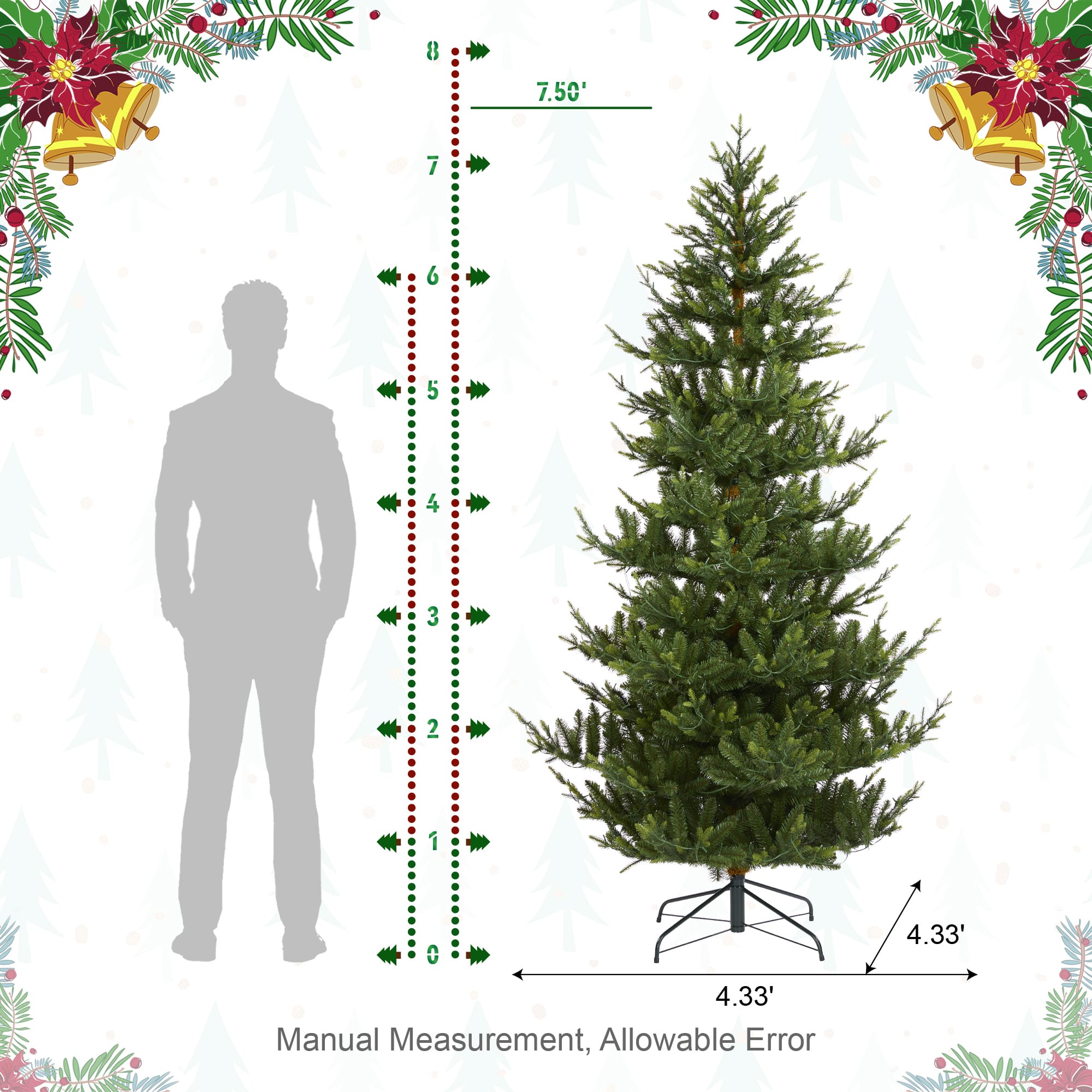 Glitzhome&#xAE; 7.5ft Pre-Lit Green Upward Slim Fir Artificial Christmas Tree, Multicolor LED Lights