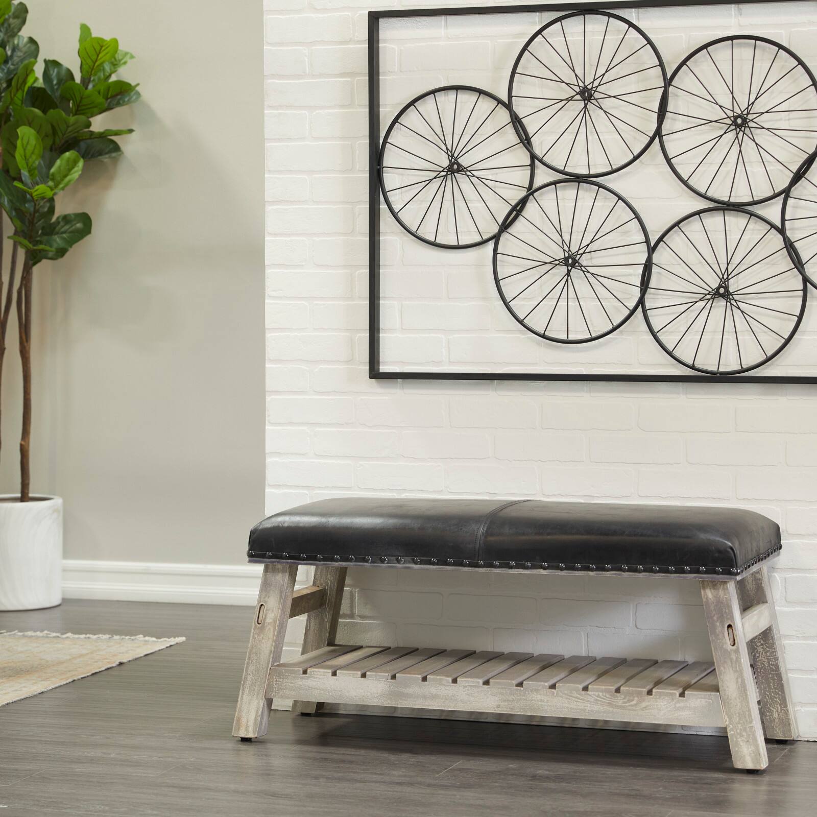 42&#x22; Black Wood Bench With Lower Shelf