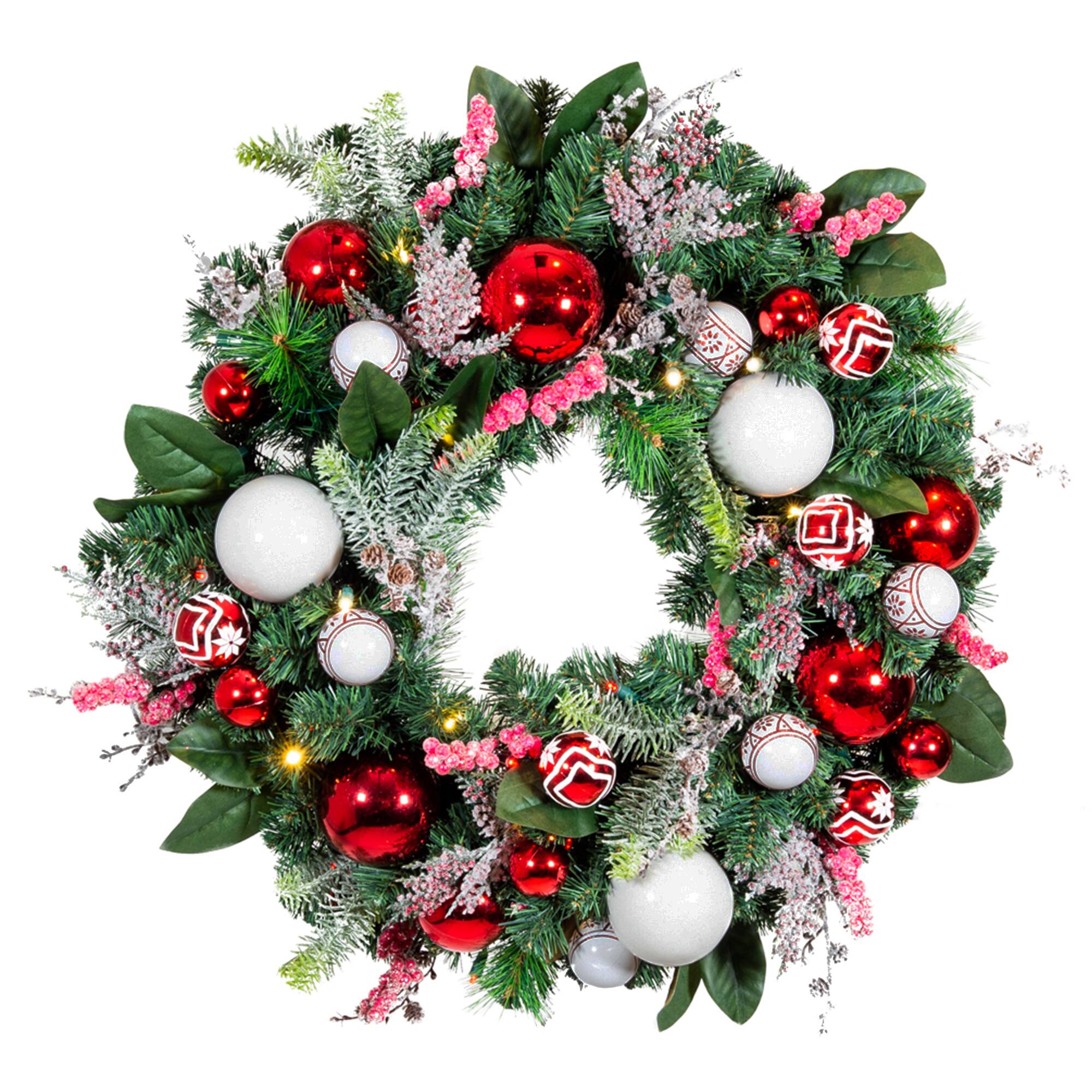 Village Lighting 30" Pre-Lit Nordic Christmas Wreath, Red & Clear LED Lights