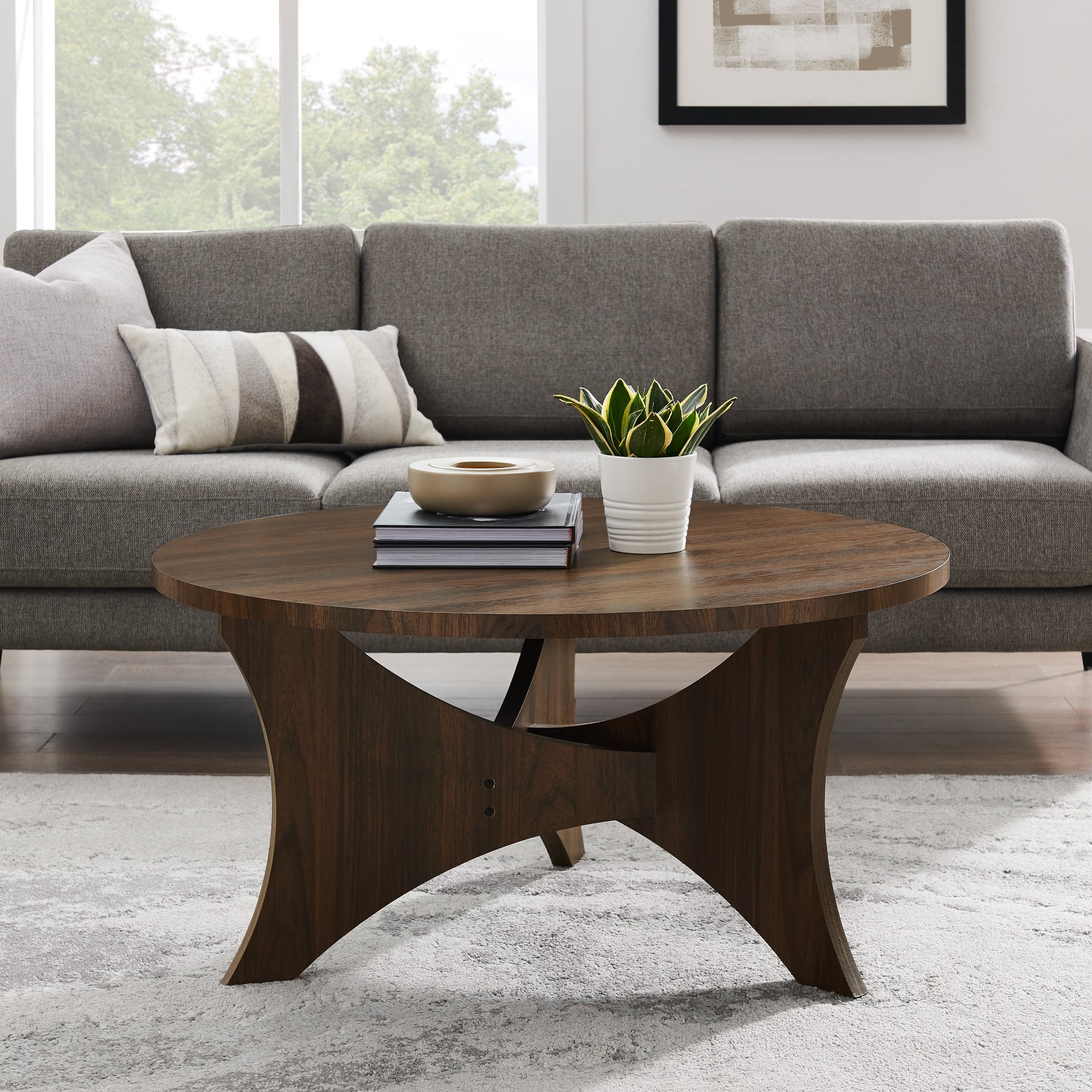 36" Dark Walnut Mid Century 3-Leg Round Coffee Table