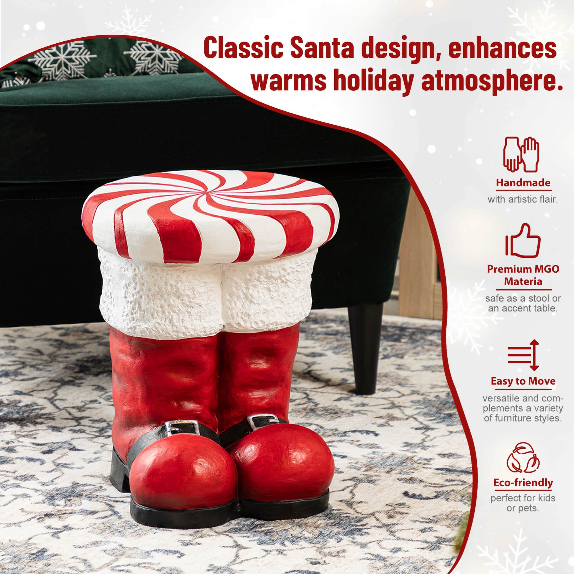 Glitzhome&#xAE; 14.5&#x22;H Christmas MGO Peppermint Boot Stool or Accent Table