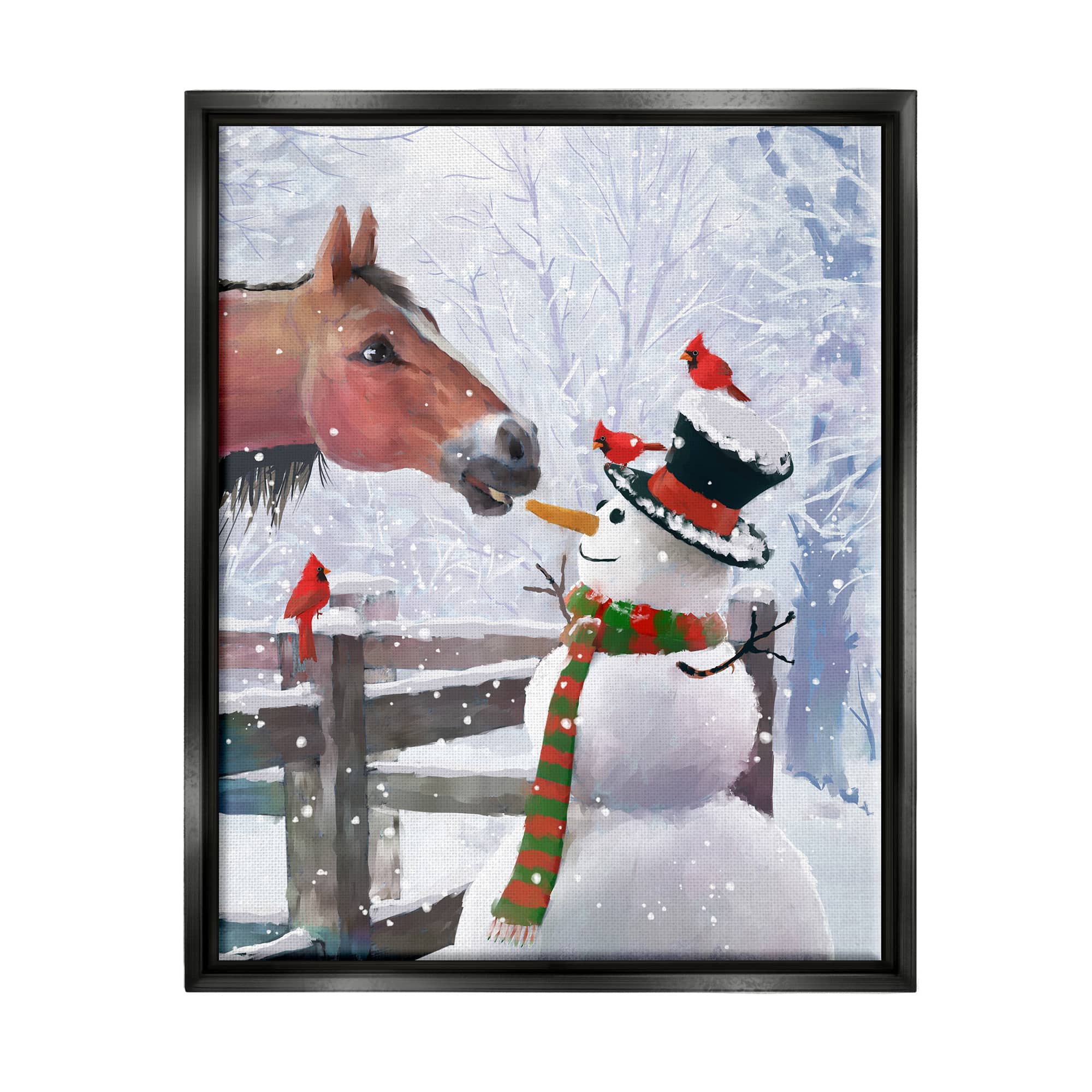 Stupell Industries Horse Eating Snowman Carrot Scene Framed Floater Canvas Wall Art
