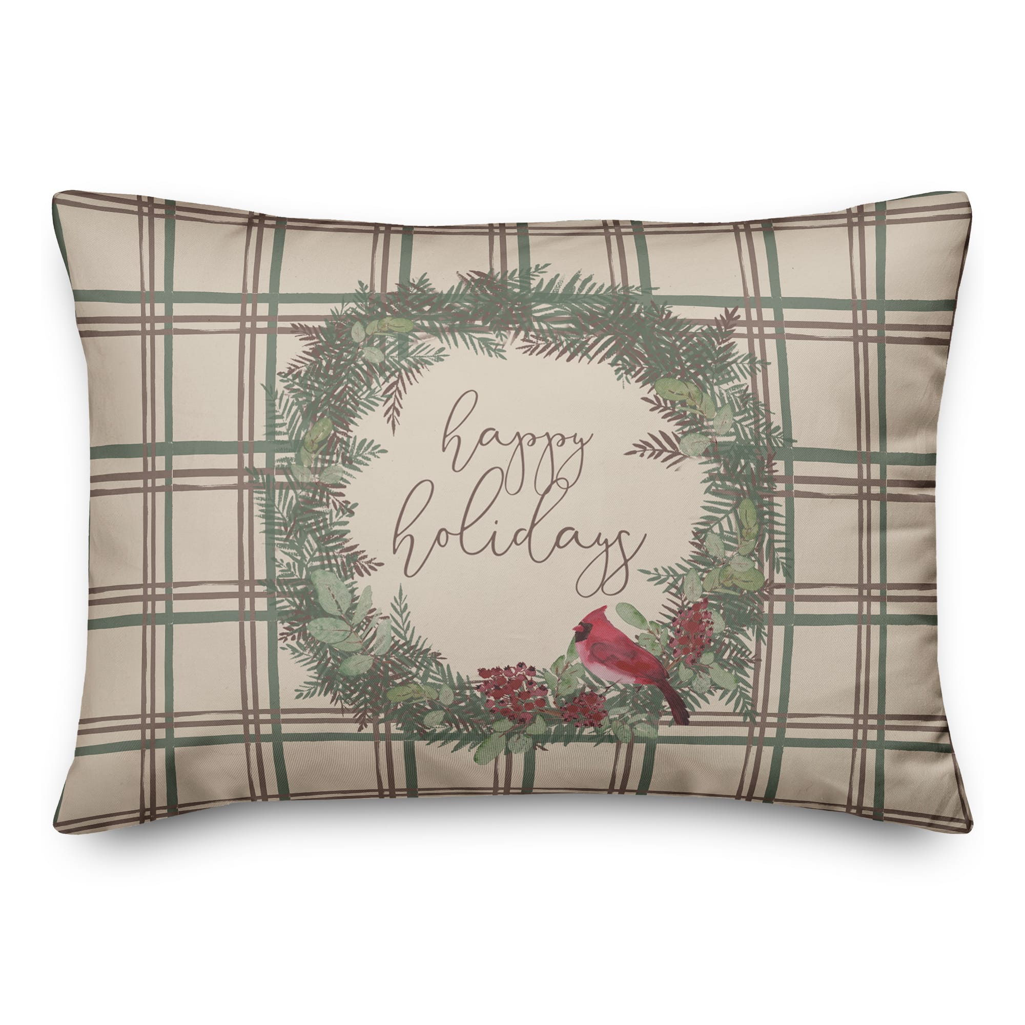 Happy Holidays Plaid Rectangle Throw Pillow