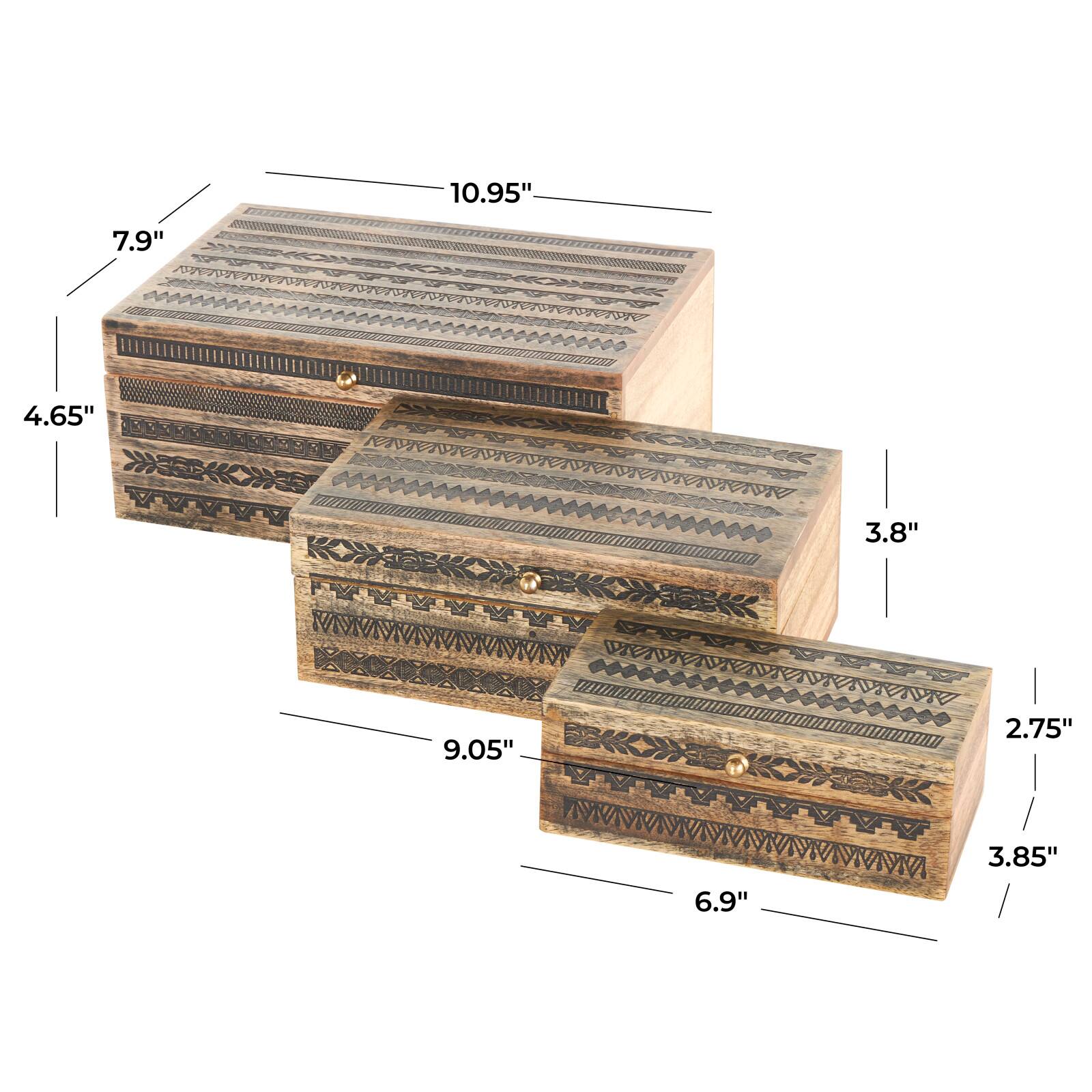 Brown Handmade Storage Box Set with Black Tribal Carvings &#x26; Gold Accents