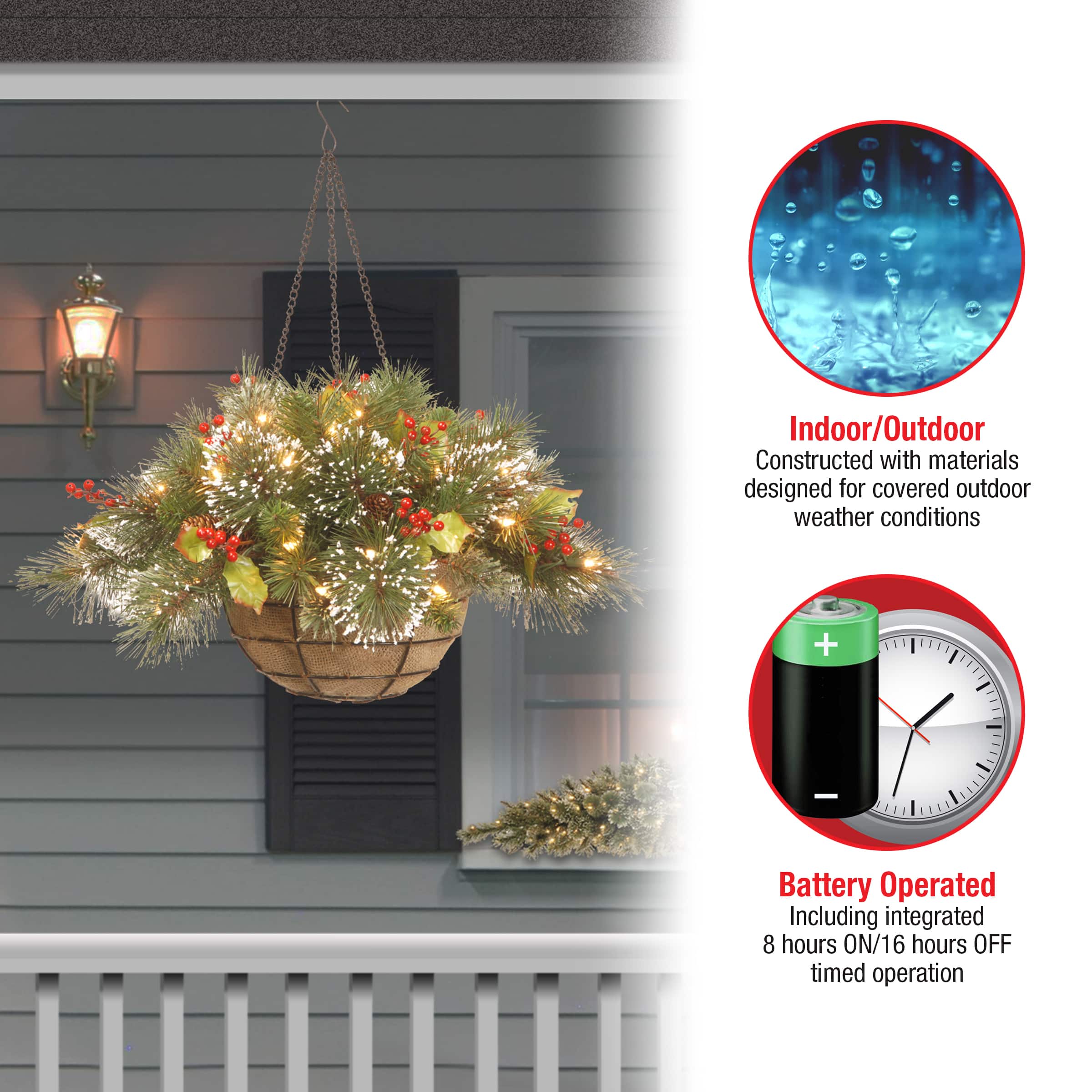 20&#x22; Pre-lit Artificial Christmas Wintry Pine Hanging Basket with 11 Cones and 35 Warm White Battery Operated LED Lights