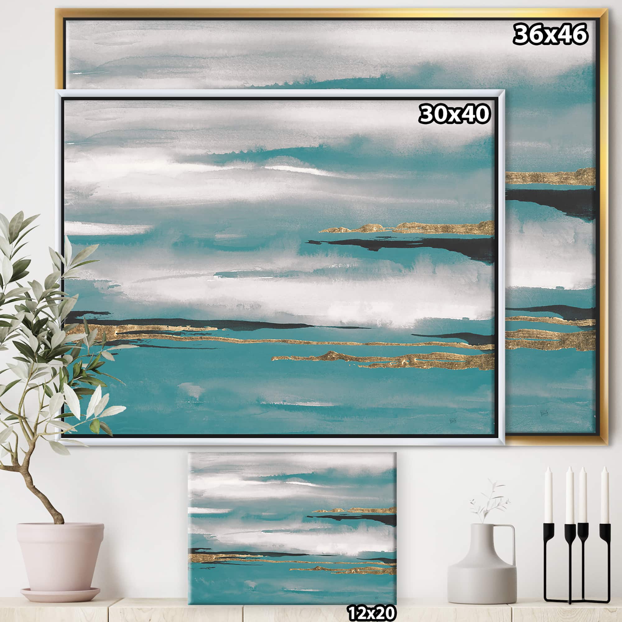 Designart - Glam Teal Watercolor II - Modern & Contemporary Canvas in Gold Frame