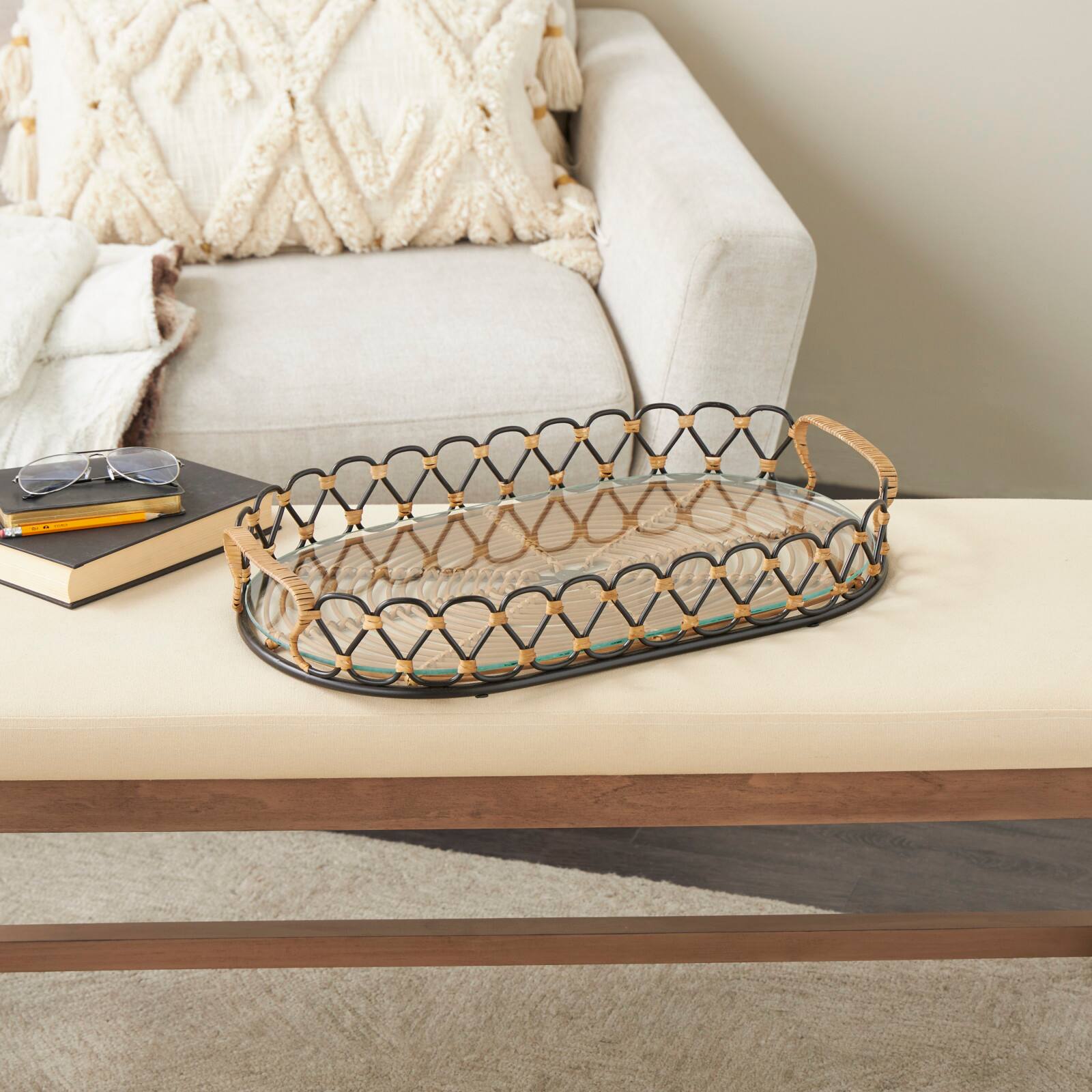 22" Black & Brown Décor Tray with Glass Base