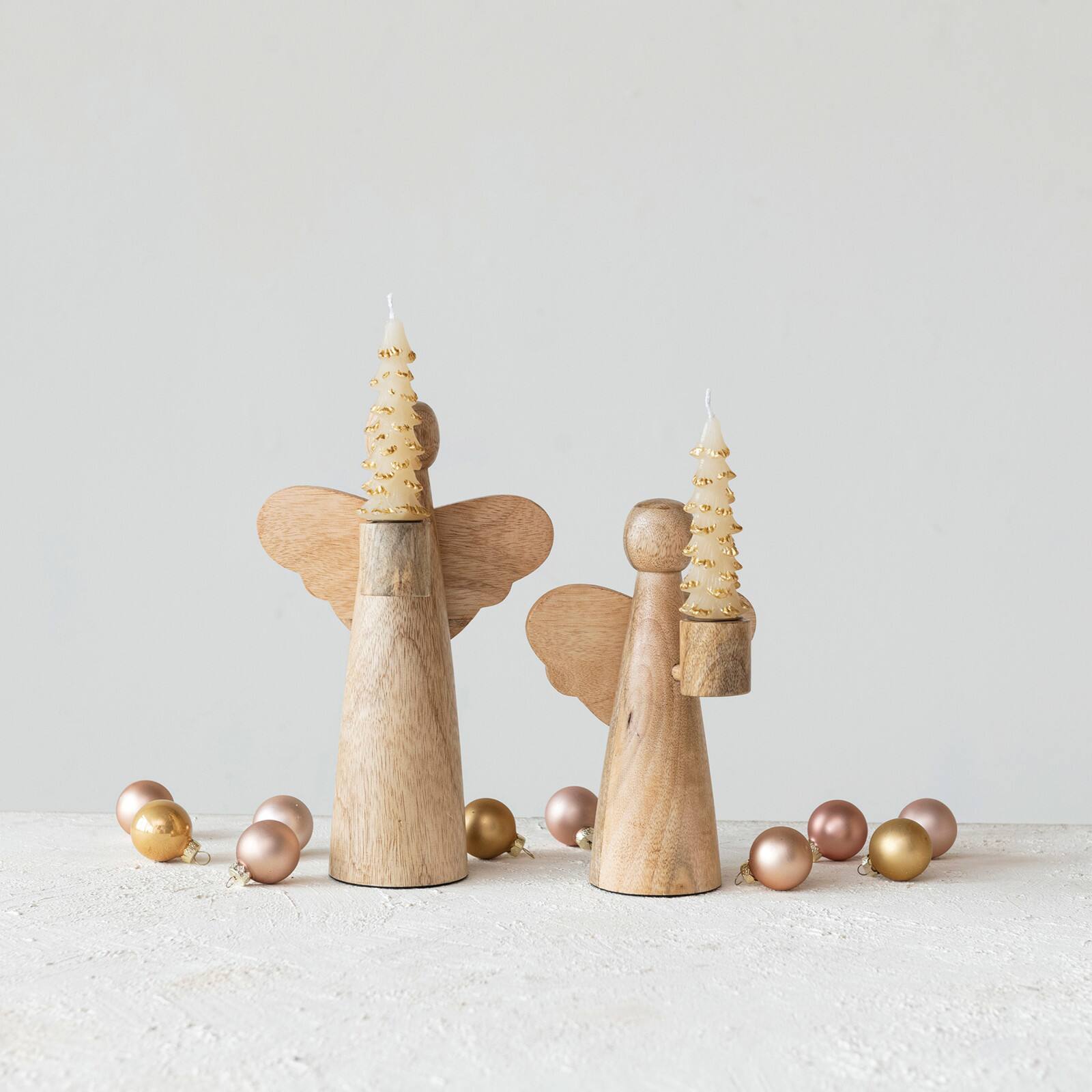 Hello Honey&#xAE; 10&#x22; Natural Tall Mango Wood Angel Taper Candle Holder
