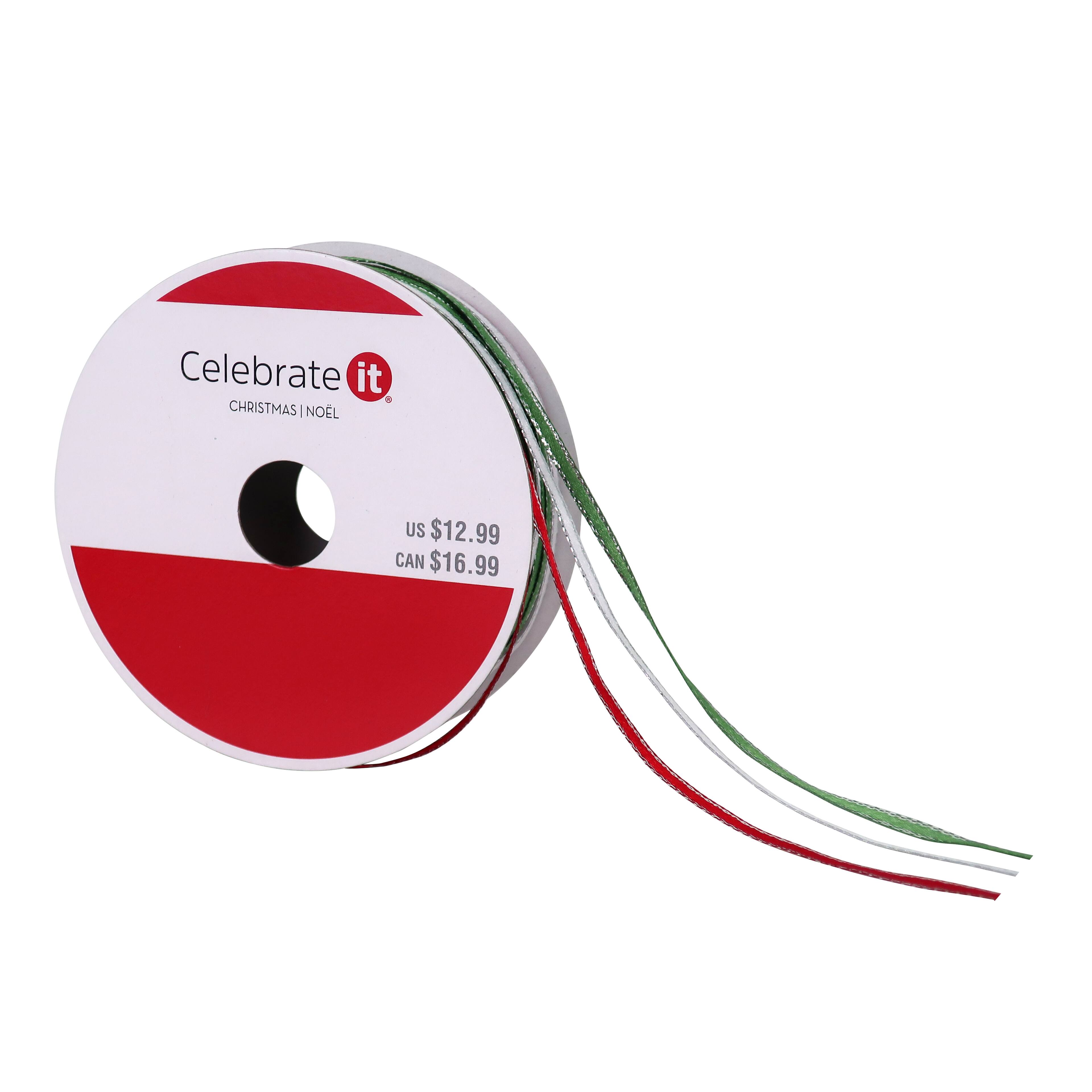 1/8&#x22; x 36ft. Green, Red &#x26; White Satin Trim Ribbon by Celebrate It&#xAE; Christmas