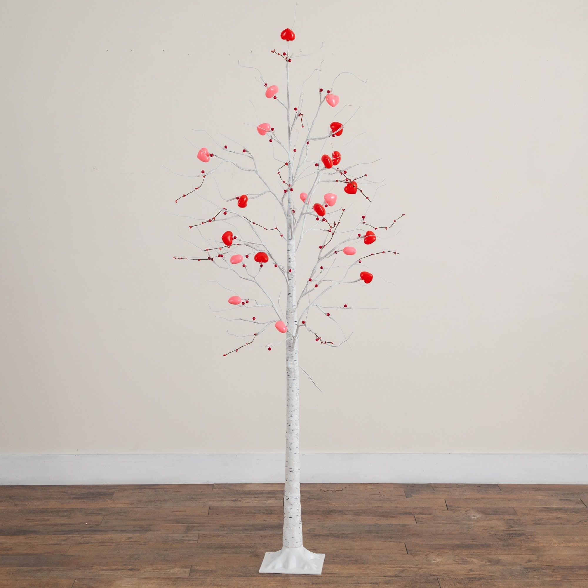 6ft. Pre-Lit Artificial Valentine's Day Twig Tree with 96 Heart Shaped LED Lights and Red Berries