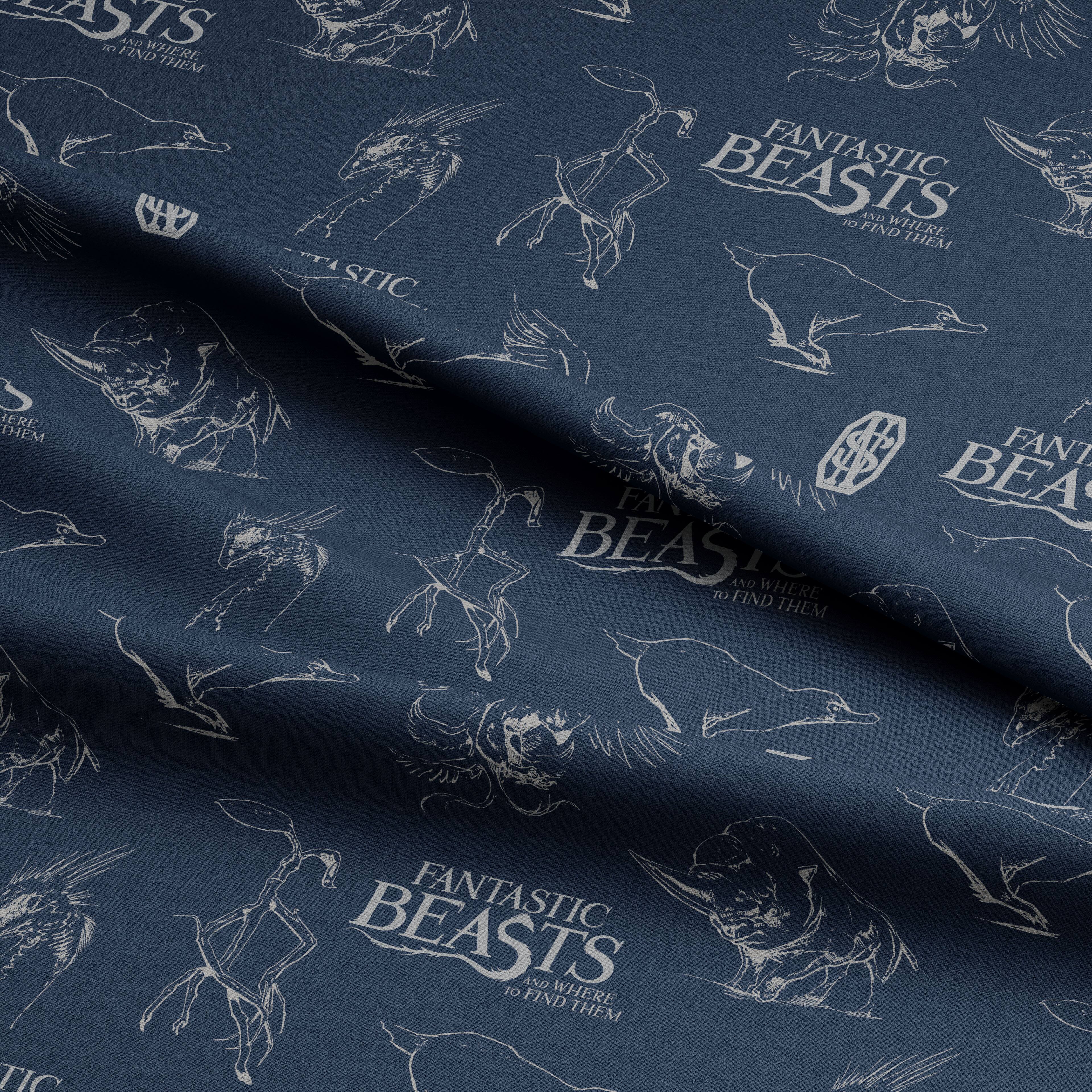 Harry Potter&#x2122; Metallic Fantastic Beasts&#x2122; Logo &#x26; Creatures on Navy Cotton Fabric