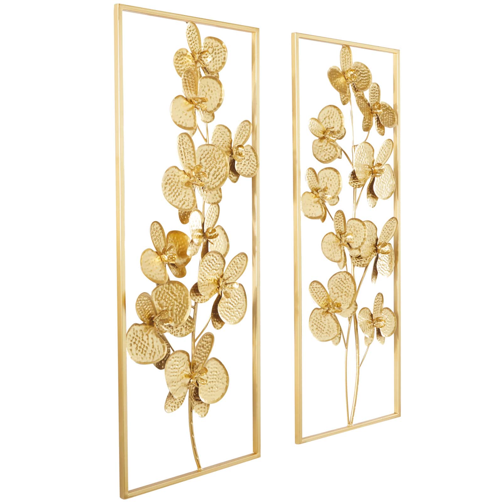 CosmoLiving by Cosmopolitan Gold Metal Orchid Floral Wall Decor with Gold Frame Set of 2 14&#x22;, 36&#x22;