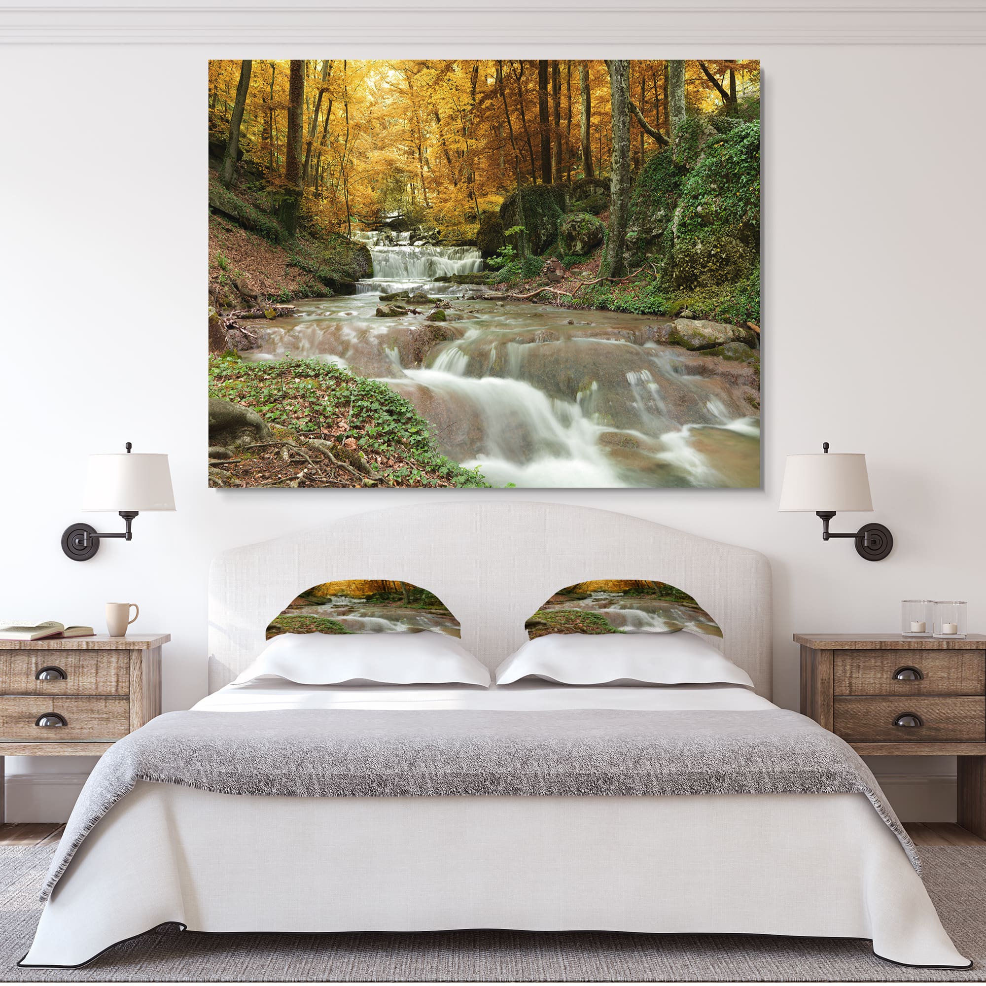 Designart - Forest Waterfall with Yellow Trees - Large Landscape Canvas Art Print