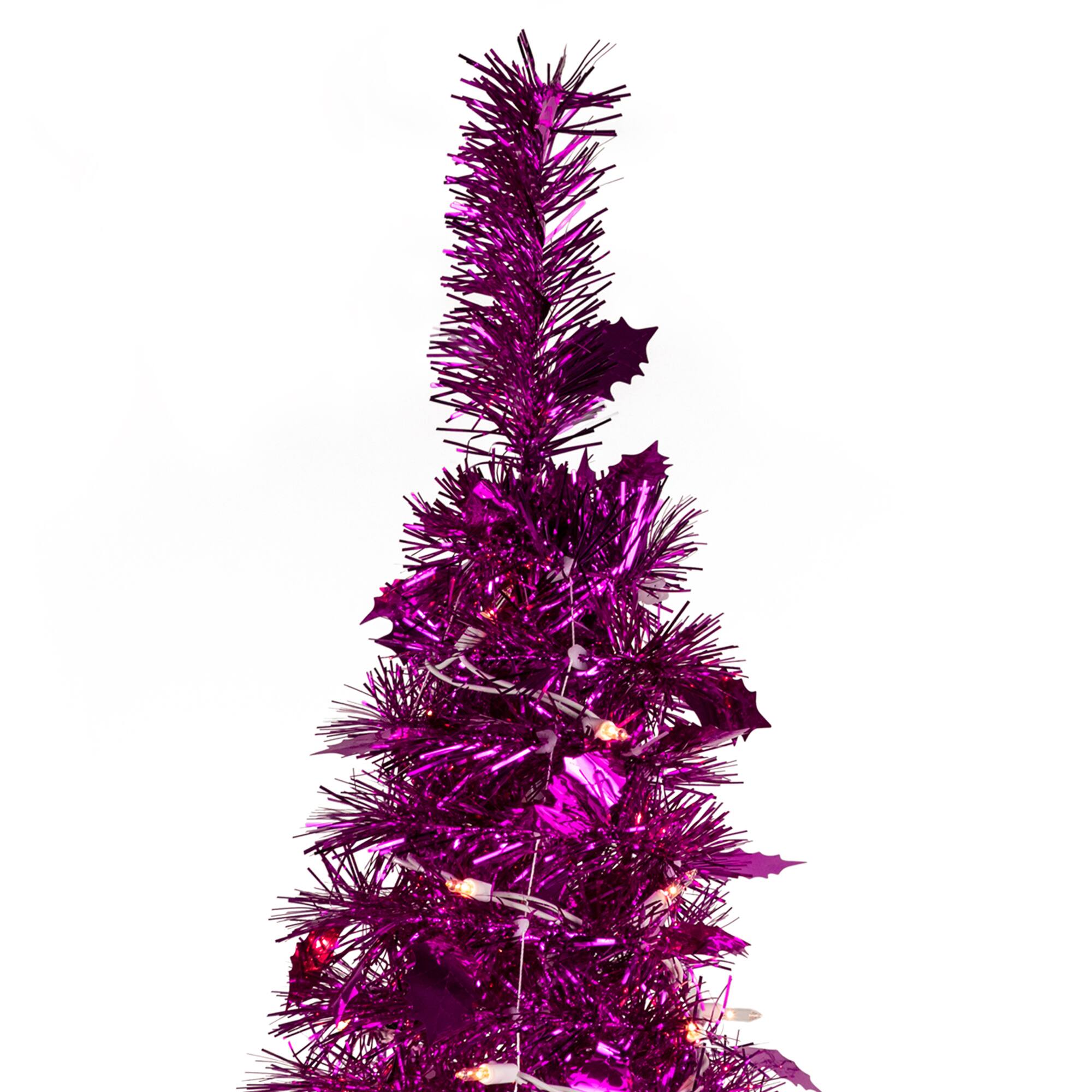 6ft. Pre-Lit Pink Tinsel Pop-Up Artificial Christmas Tree, Clear Lights