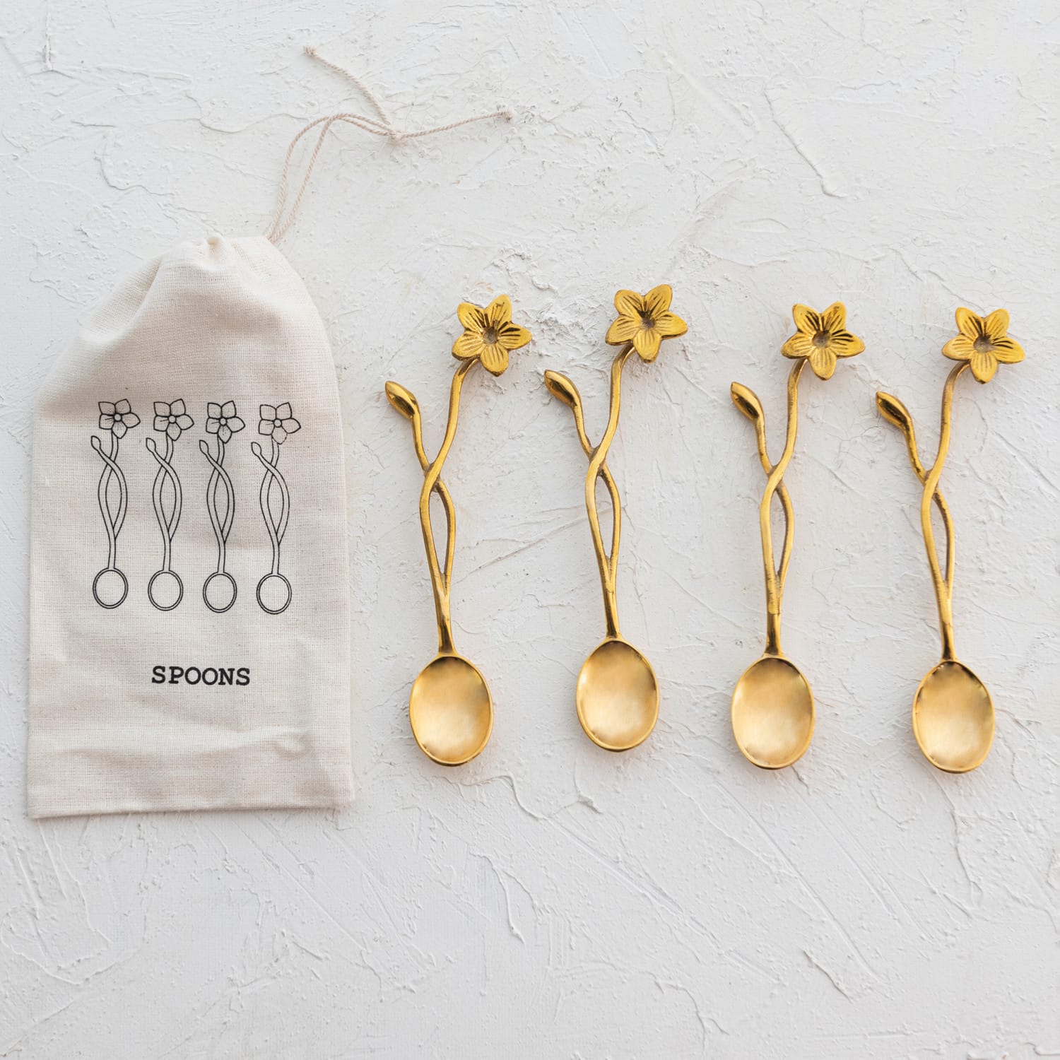 Farmhouse Brass Finish Spoons with Flower Handles in Drawstring Bag