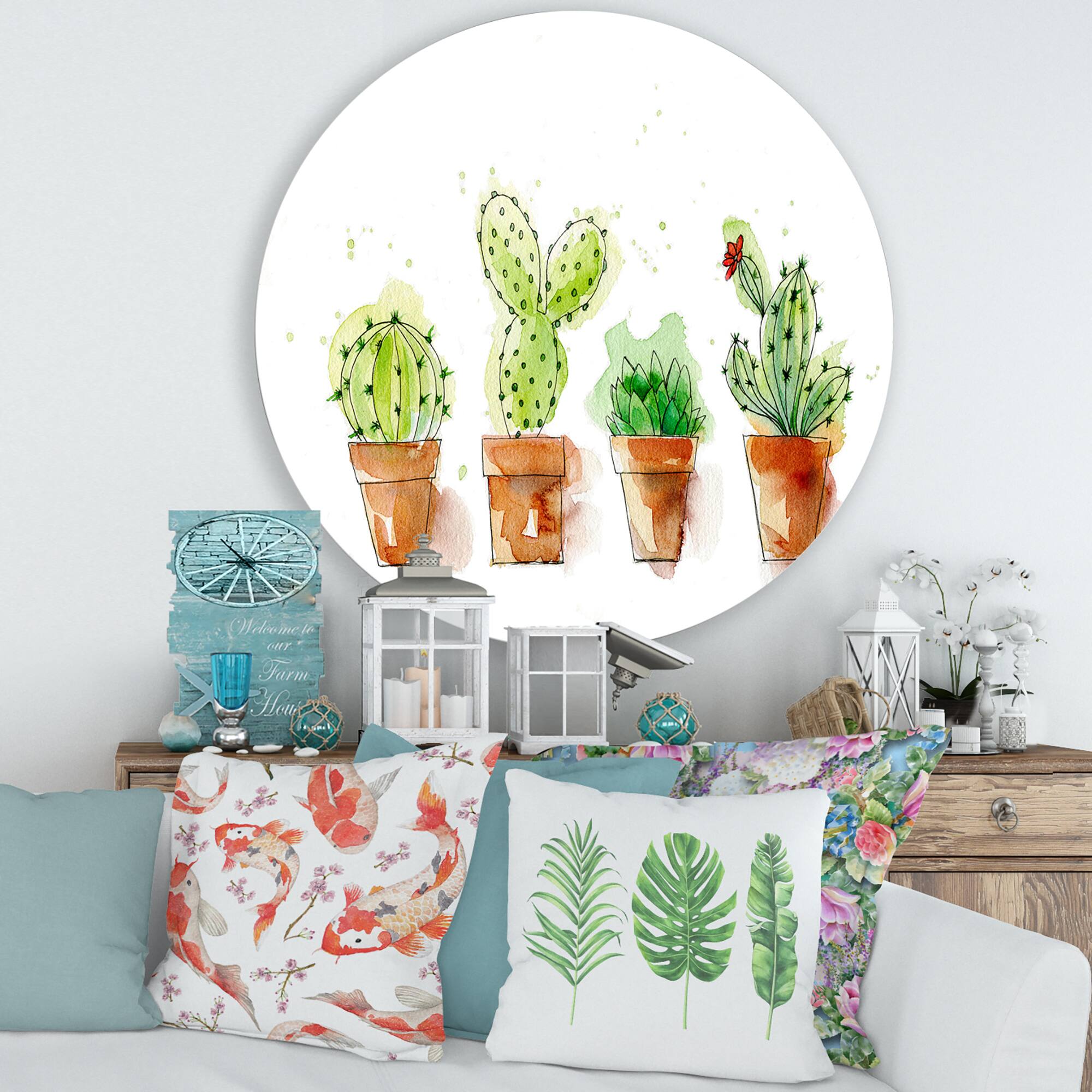Designart - Cacti In Ceramic Pots In Gentle Tones I - Traditional Metal Circle Wall Art