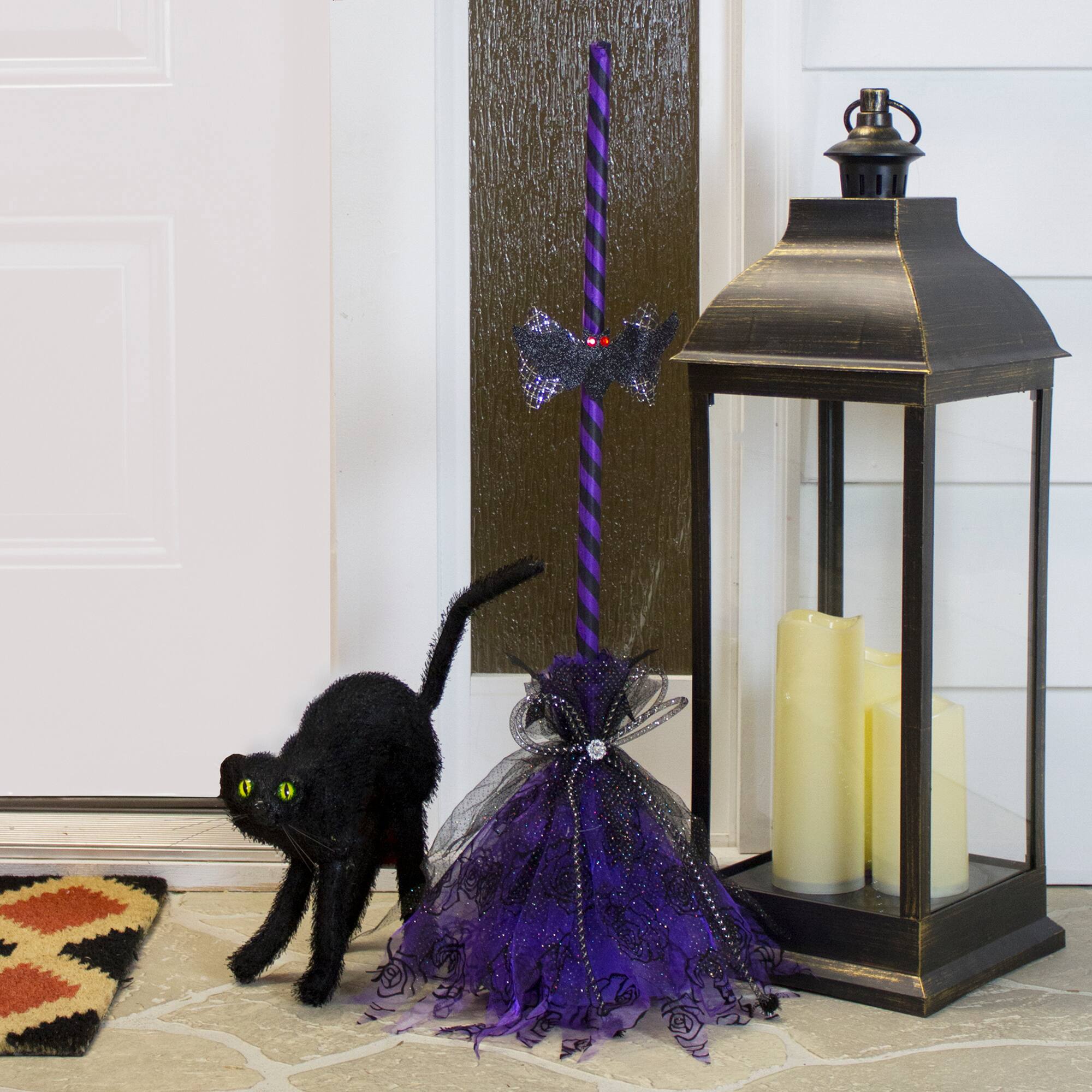 29&#x22; Purple &#x26; Black Striped Animated Witches Halloween Broom with Bat Accents