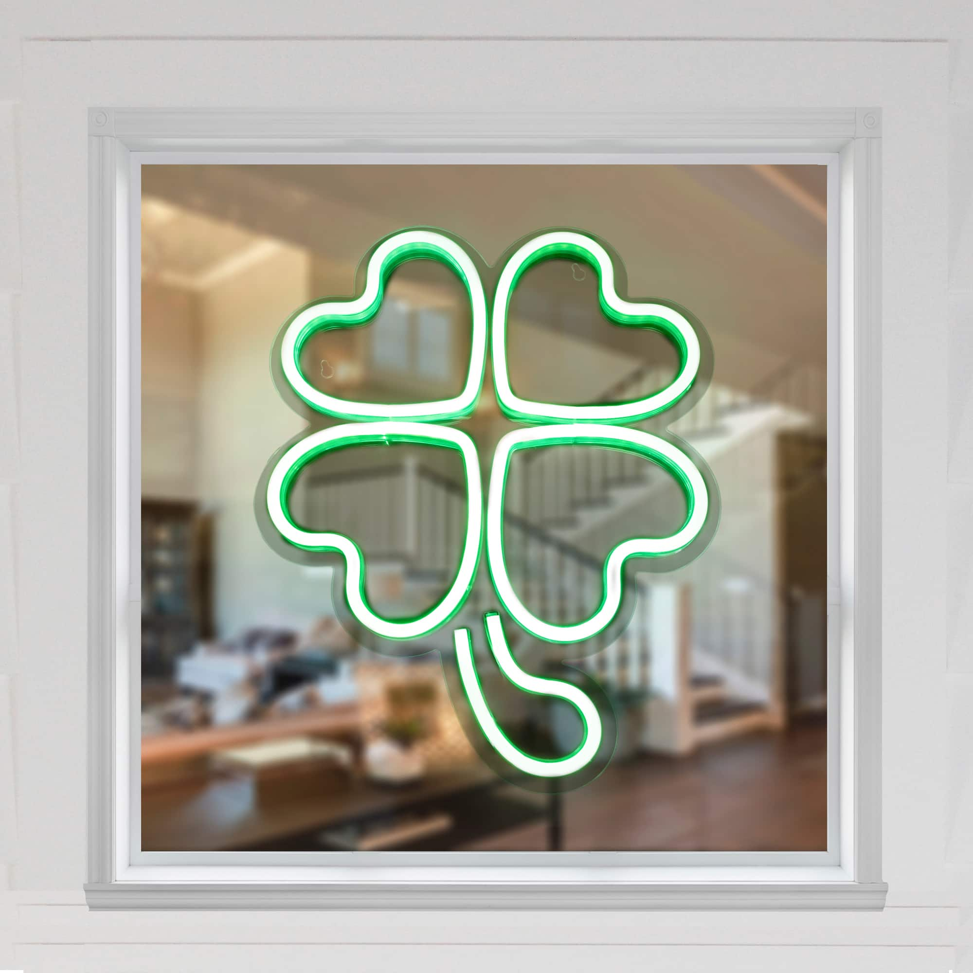 15&#x22; LED Lighted Neon Style Green Shamrock St. Patrick&#x27;s Day Window Silhouette