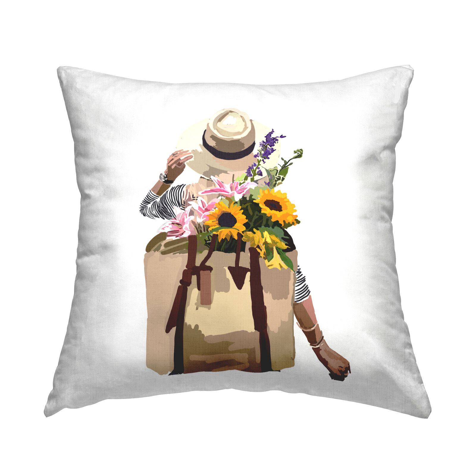 Stupell Industries Summer Floral Backpack Bouquet Blossoms Woman Throw Pillow, 18" x 18"
