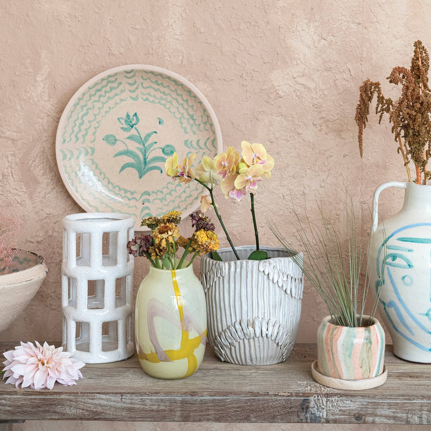 Hello Honey® 9.25" Cream Pleated Handmade Stoneware Vase