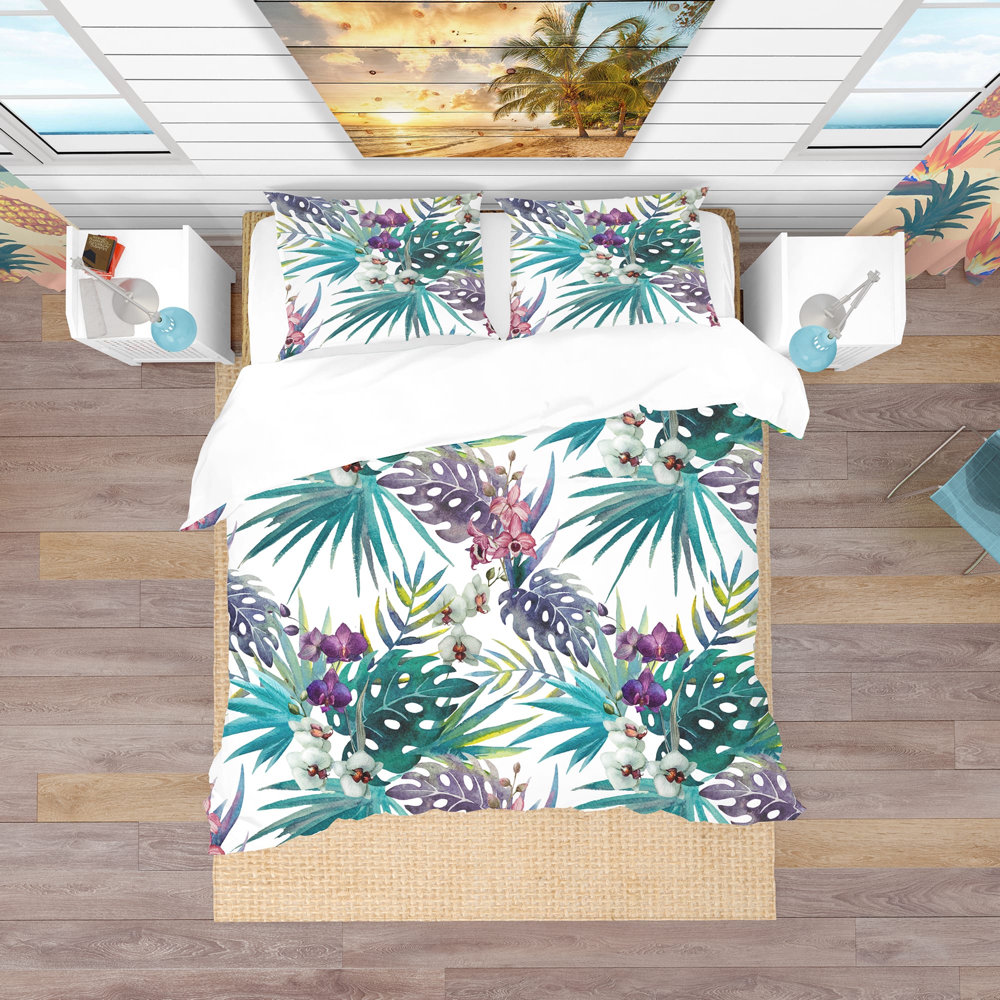 Designart &#x27;Pattern Orchid Hibiscus Leaves Watercolor Tropics&#x27; Tropical Bedding Set - Duvet Cover &#x26; Shams