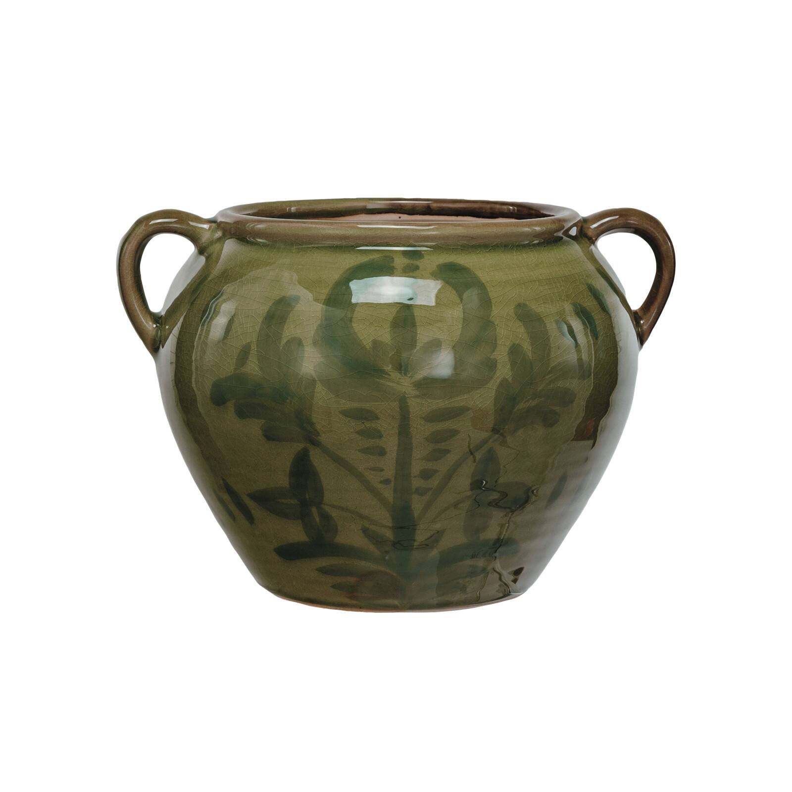 Hello Honey® 10.75" Green Hand-Painted Terra Cotta Urn with Reactive Glaze