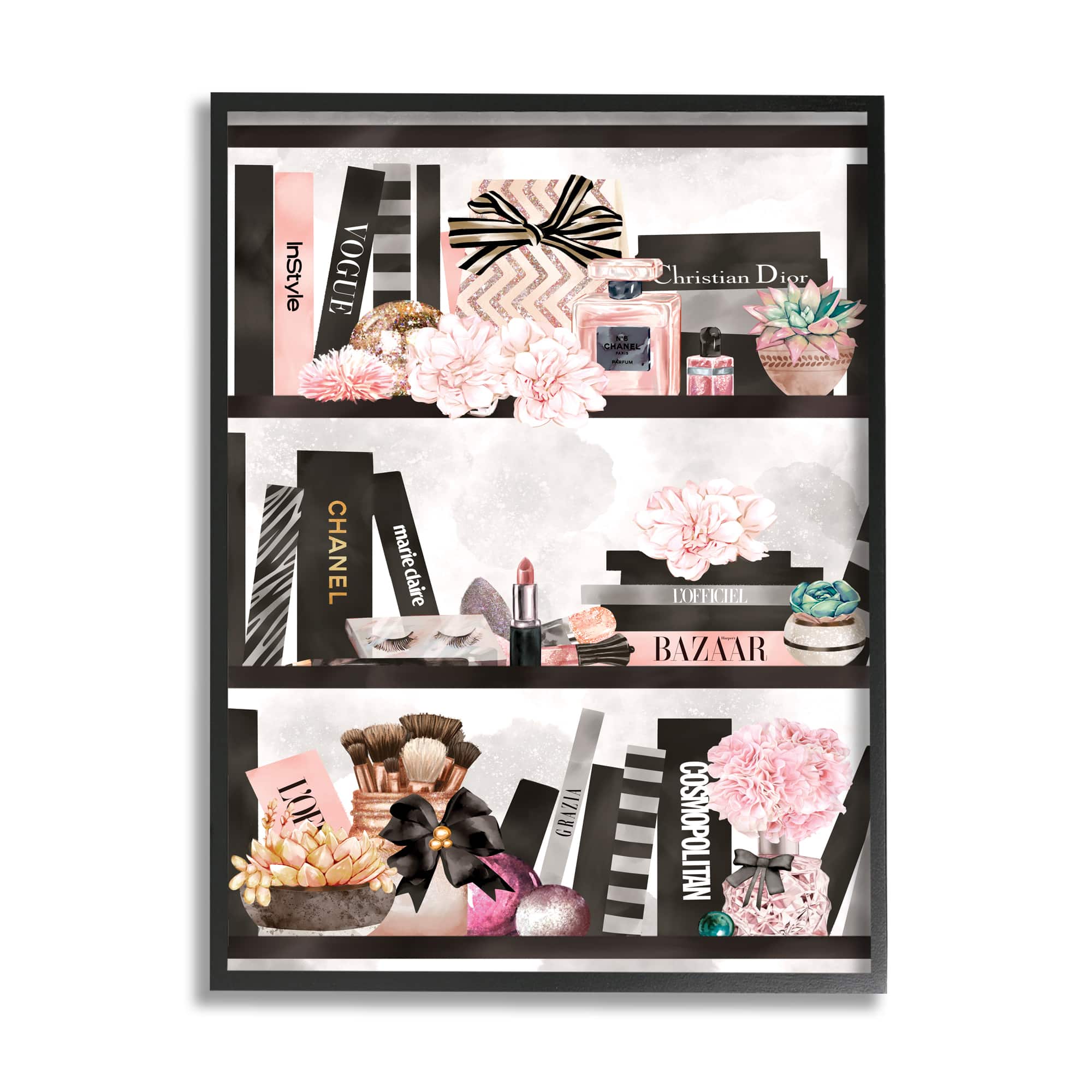 Stupell Industries Fashion Bookshelf Glam Cosmetic Accessories and Books in Black Frame Wall Art
