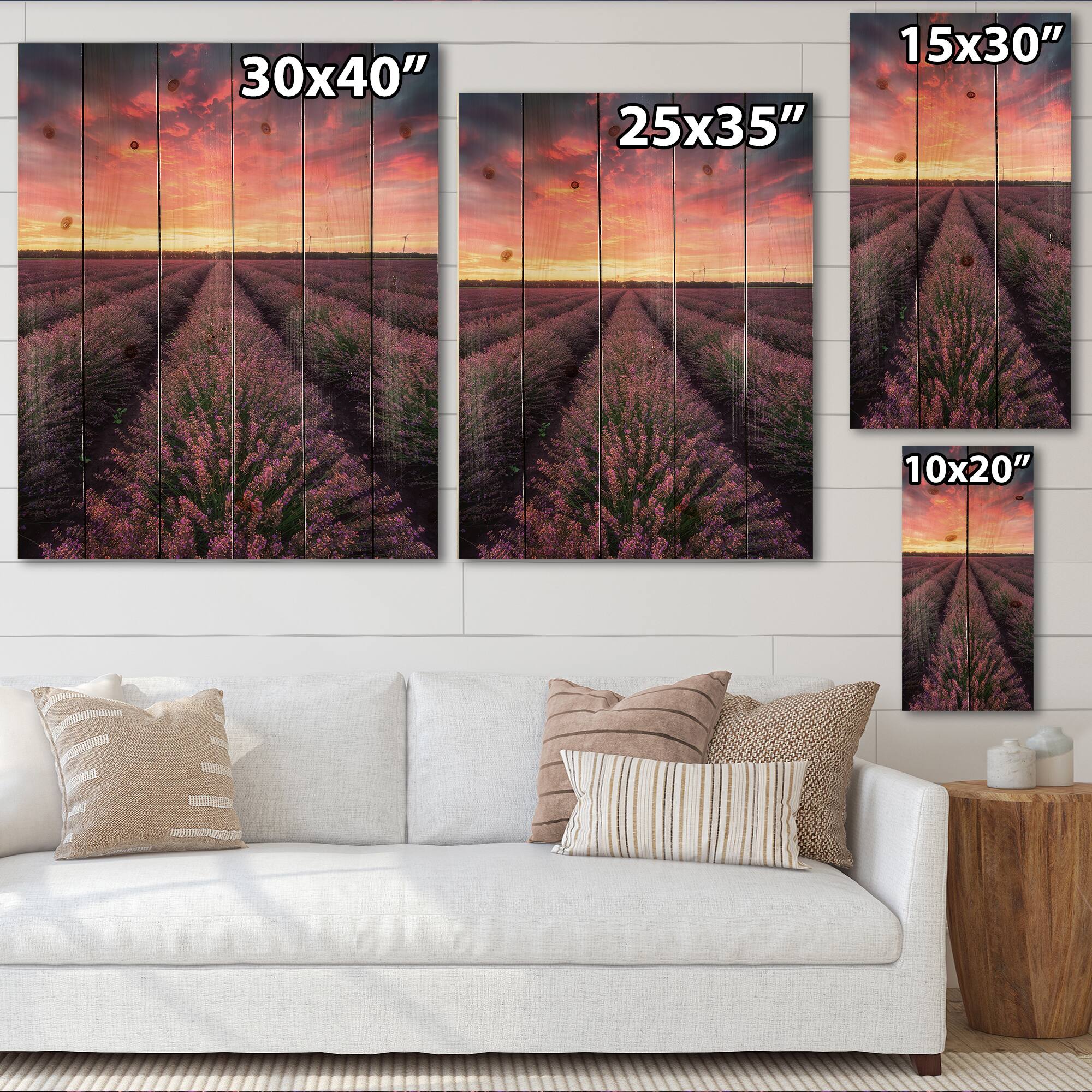 Designart - Sunrise &#x26; Dramatic Clouds Over Lavender Field XIV - Farmhouse Print on Natural Pine Wood