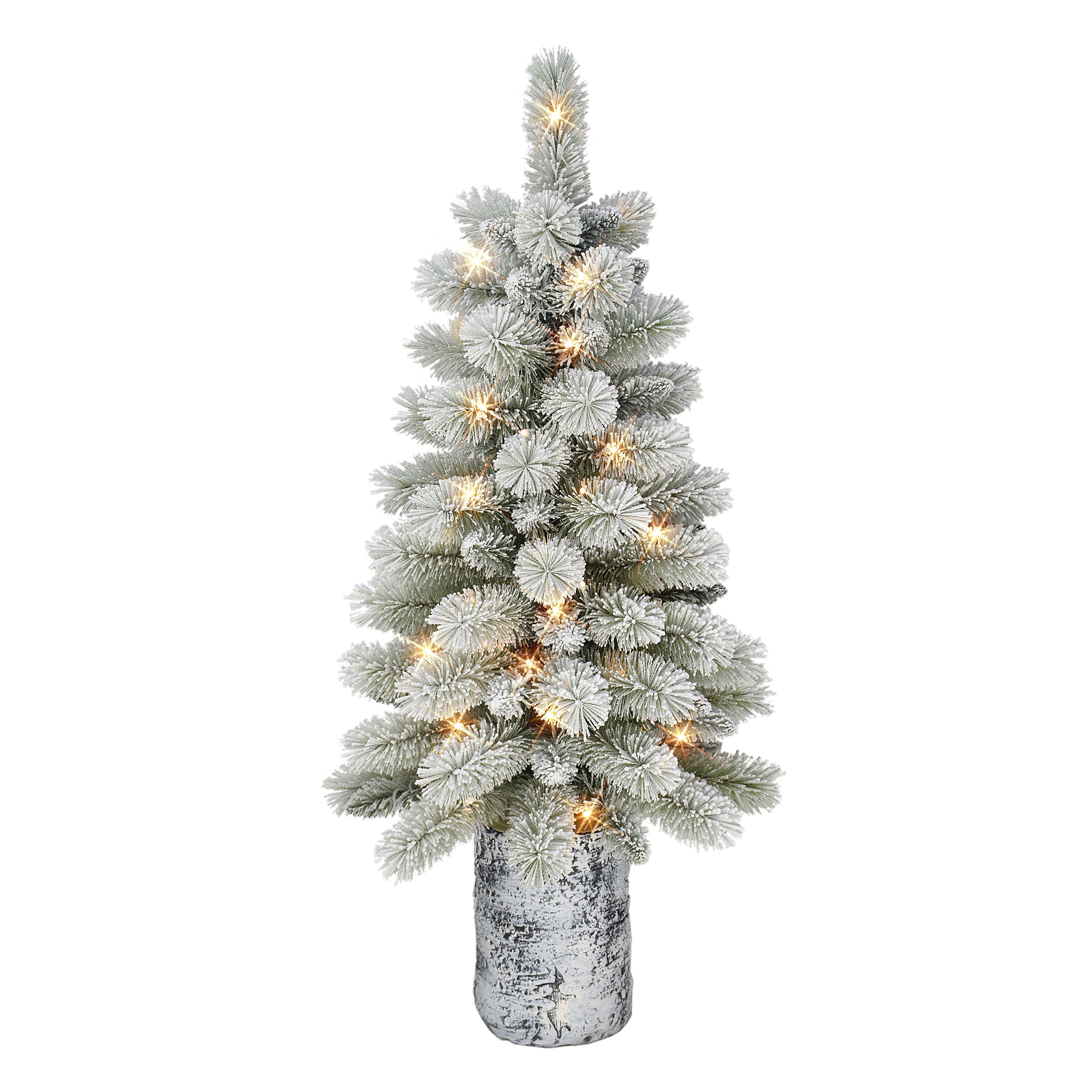 3.5ft. Pre-Lit Potted Flocked Pine Artificial Christmas Tree, White LED Lights