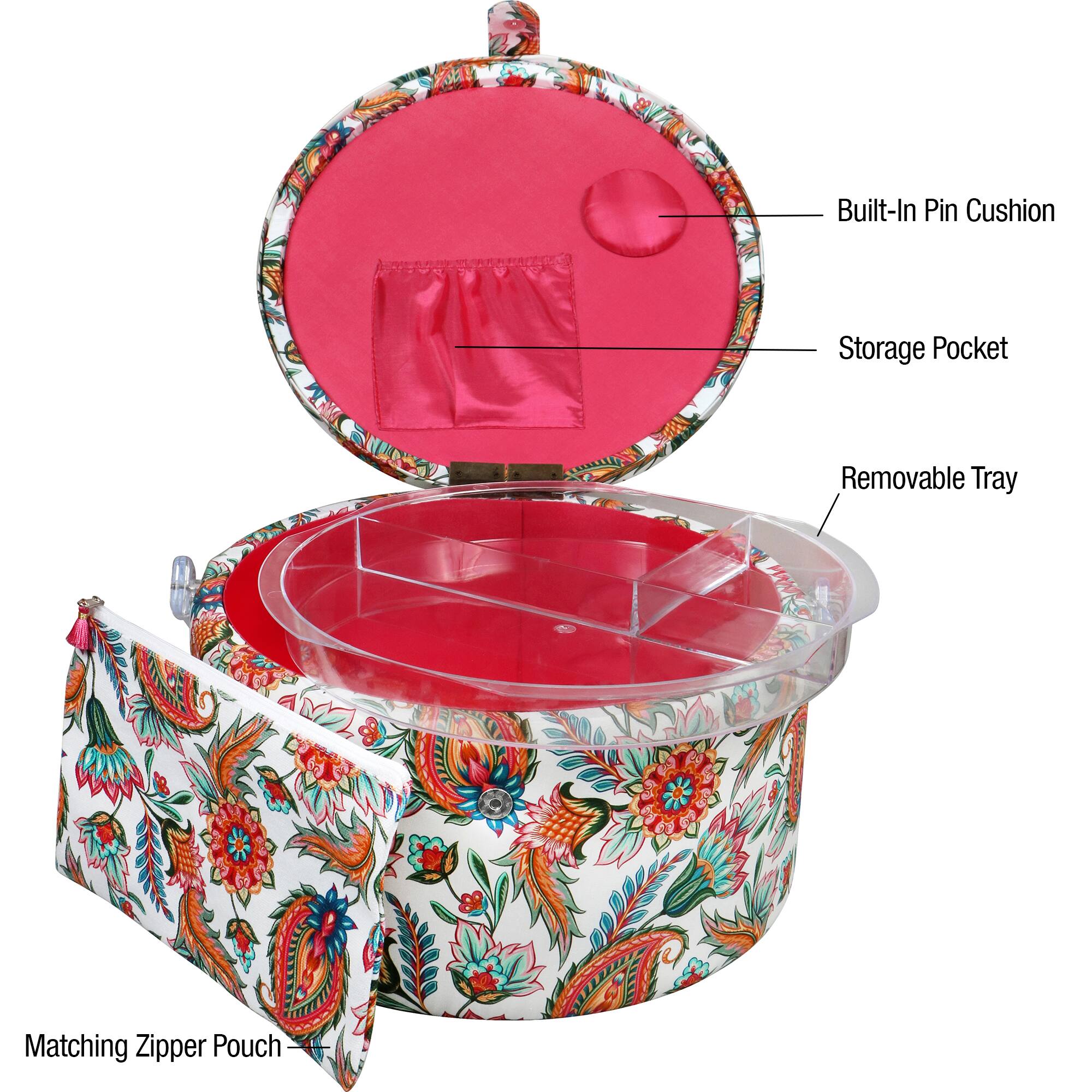 SINGER® Large Paisley Floral Print Premium Round Sewing Basket with Matching Zipper Pouch