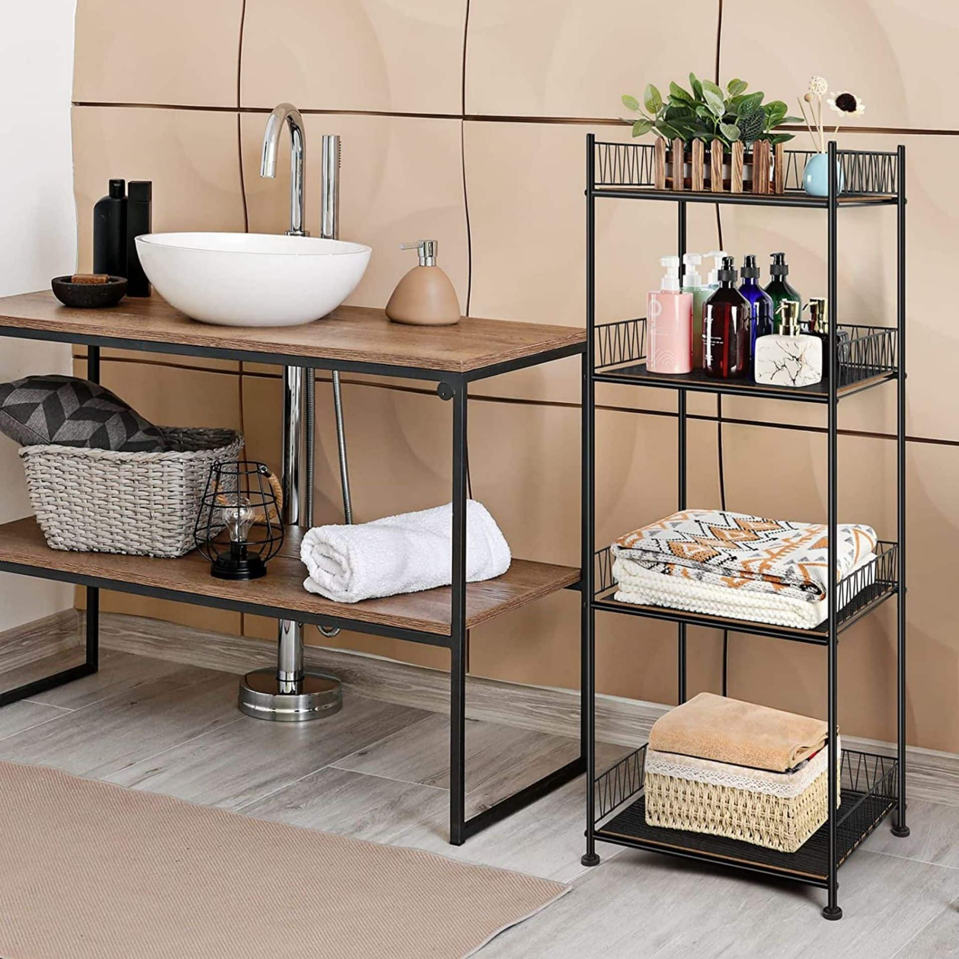 Black 4-Tier Bathroom Storage Rack Metal Shelving Unit with Wood Shelves