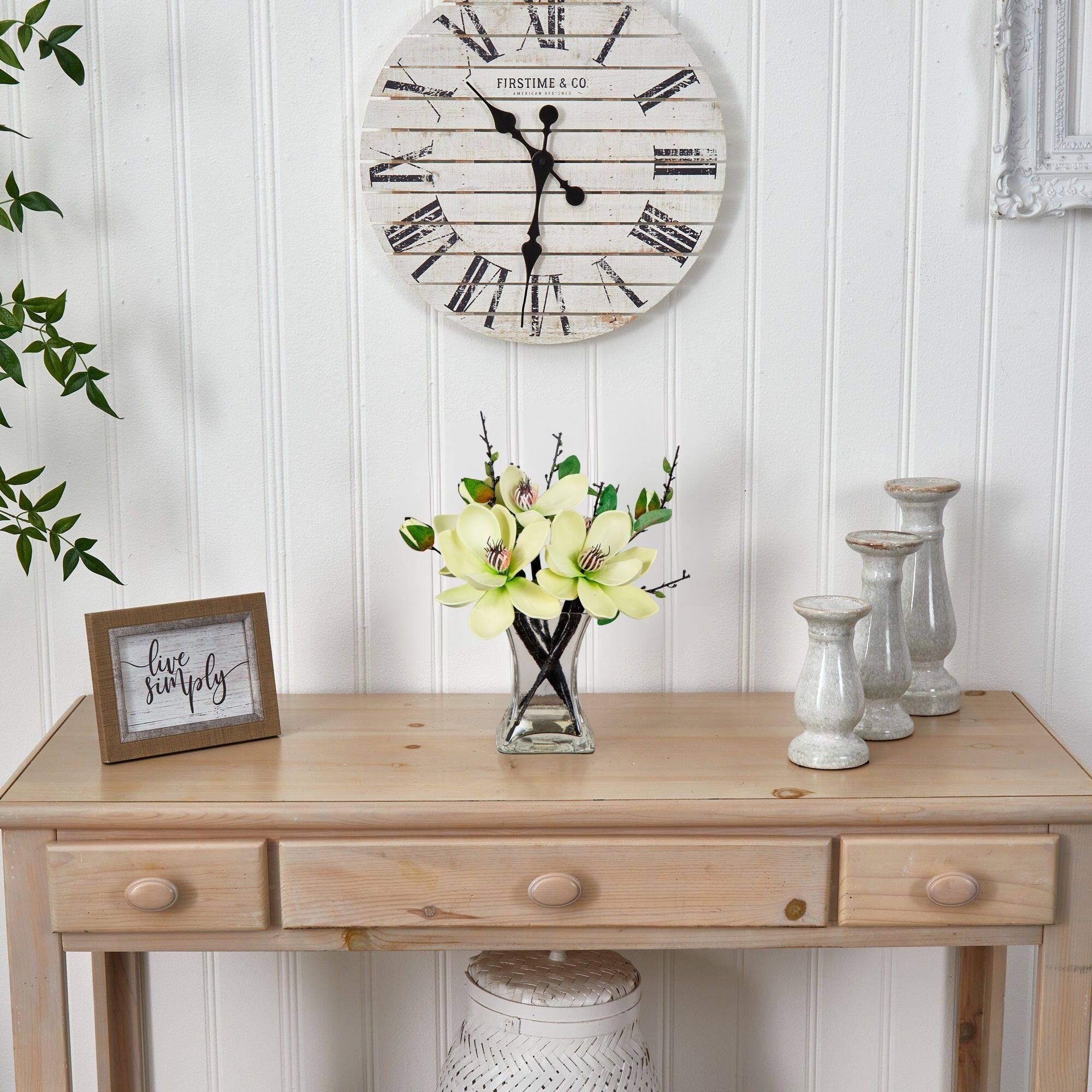 15&#x22; White Magnolia Arrangement with Glass Vase