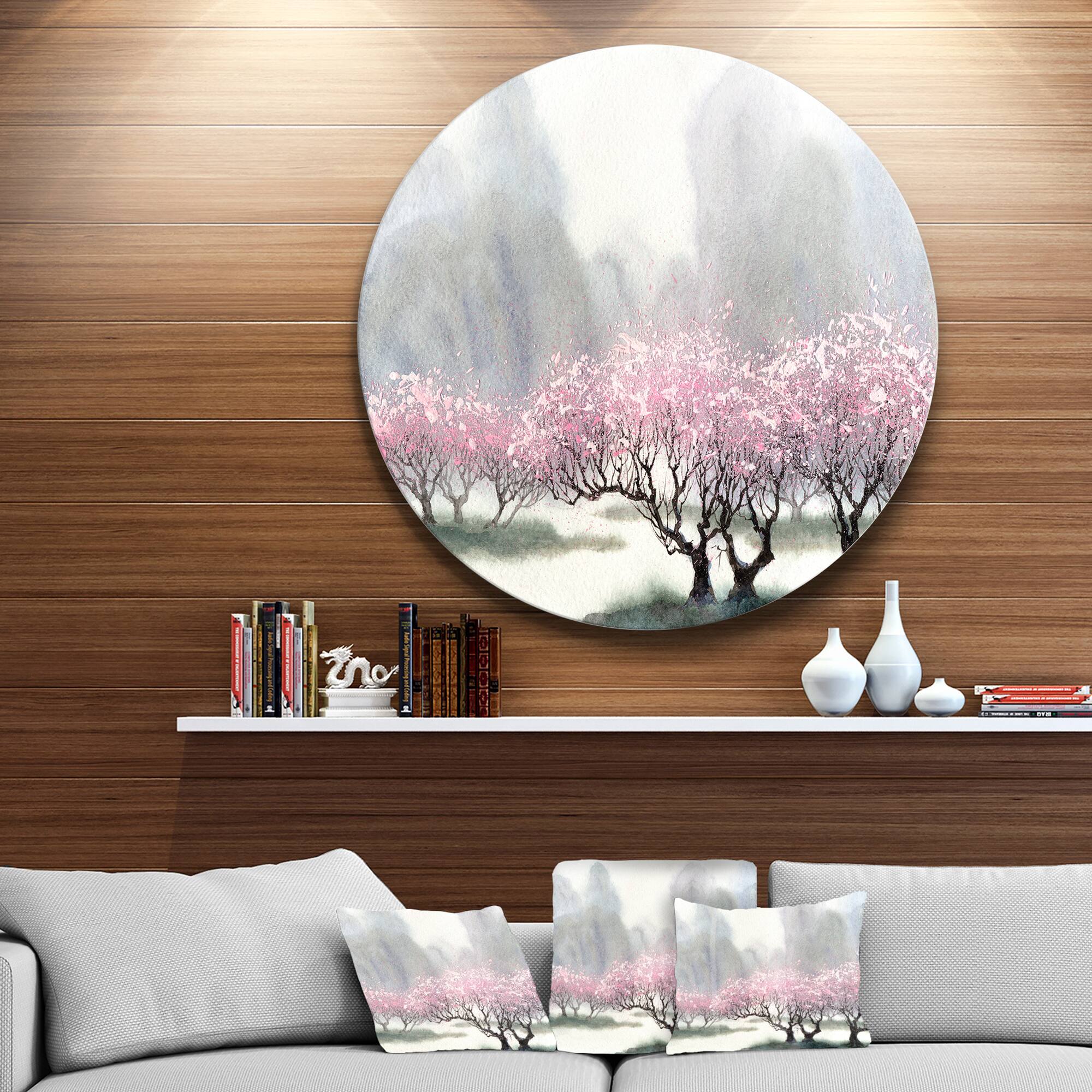 Designart - Flowering Trees at Spring&#x27; Landscape Circle Metal Wall Art