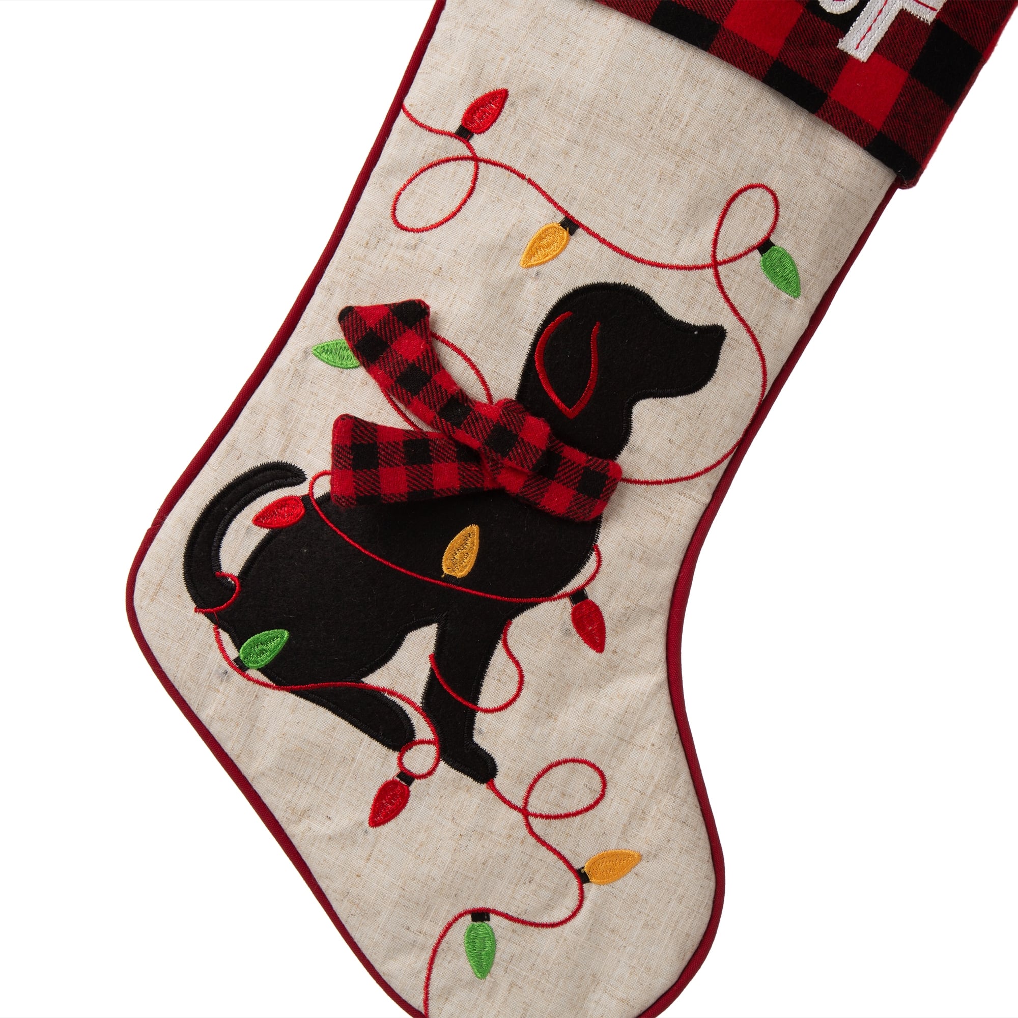 Glitzhome&#xAE; 21&#x22; LED Embroidered Dog Linen Christmas Stocking