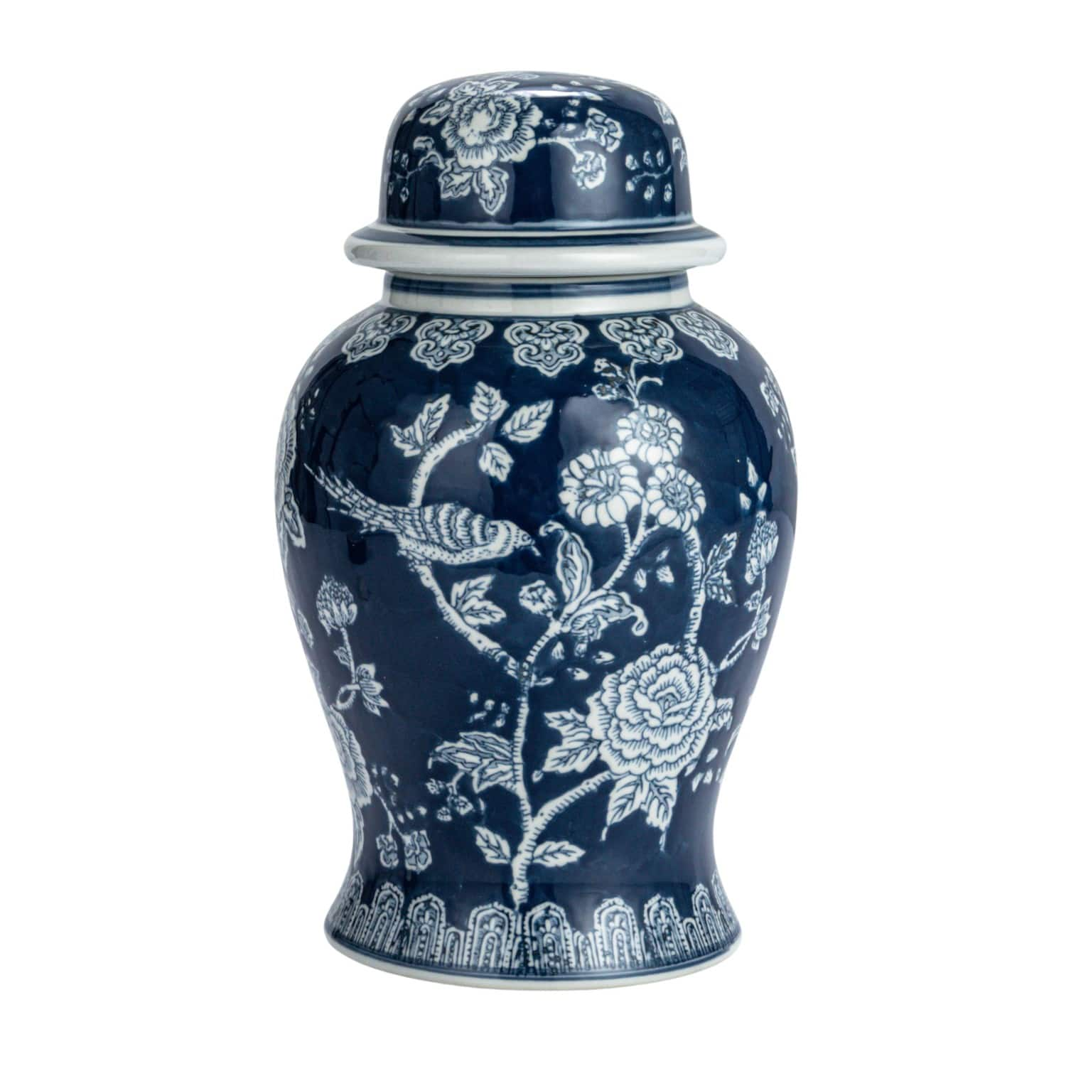 12.5&#x22; Blue &#x26; White Round Ceramic Ginger Jar with Lid