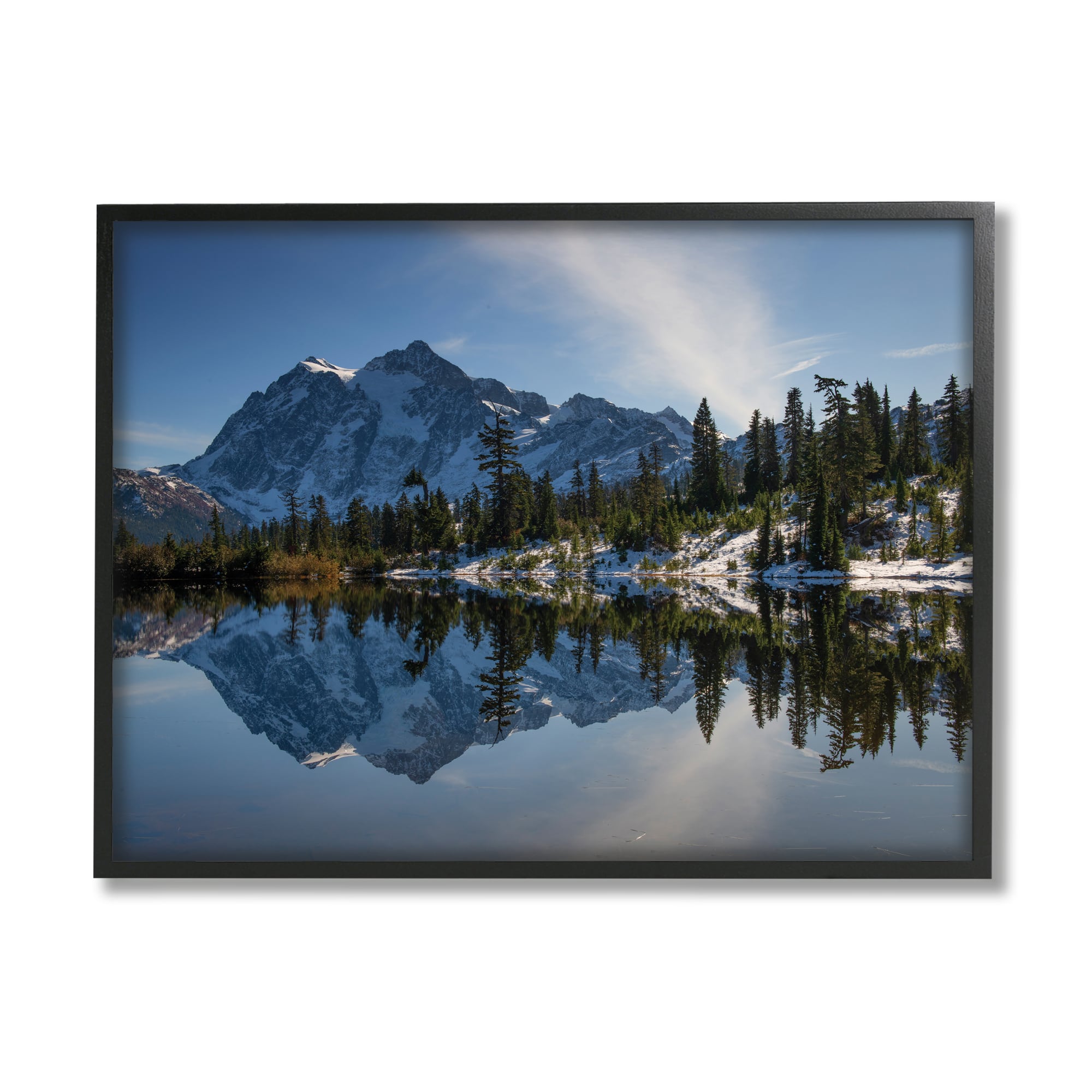 Stupell Industries Winter Lake Snowy Mountain Landscape Water Reflection in Black Frame Wall Art