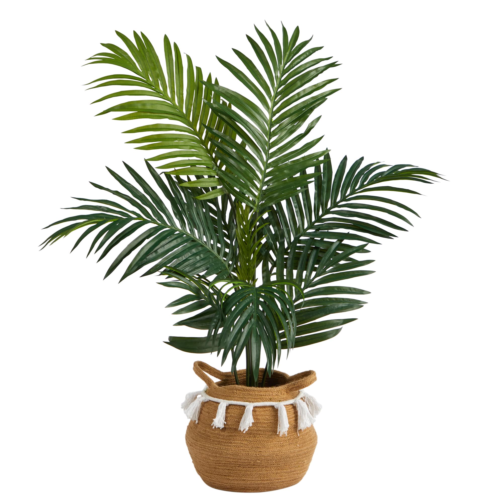 4ft. Kentia Palm Artificial Tree in Boho Chic Handmade Natural Cotton Woven Planter with Tassels