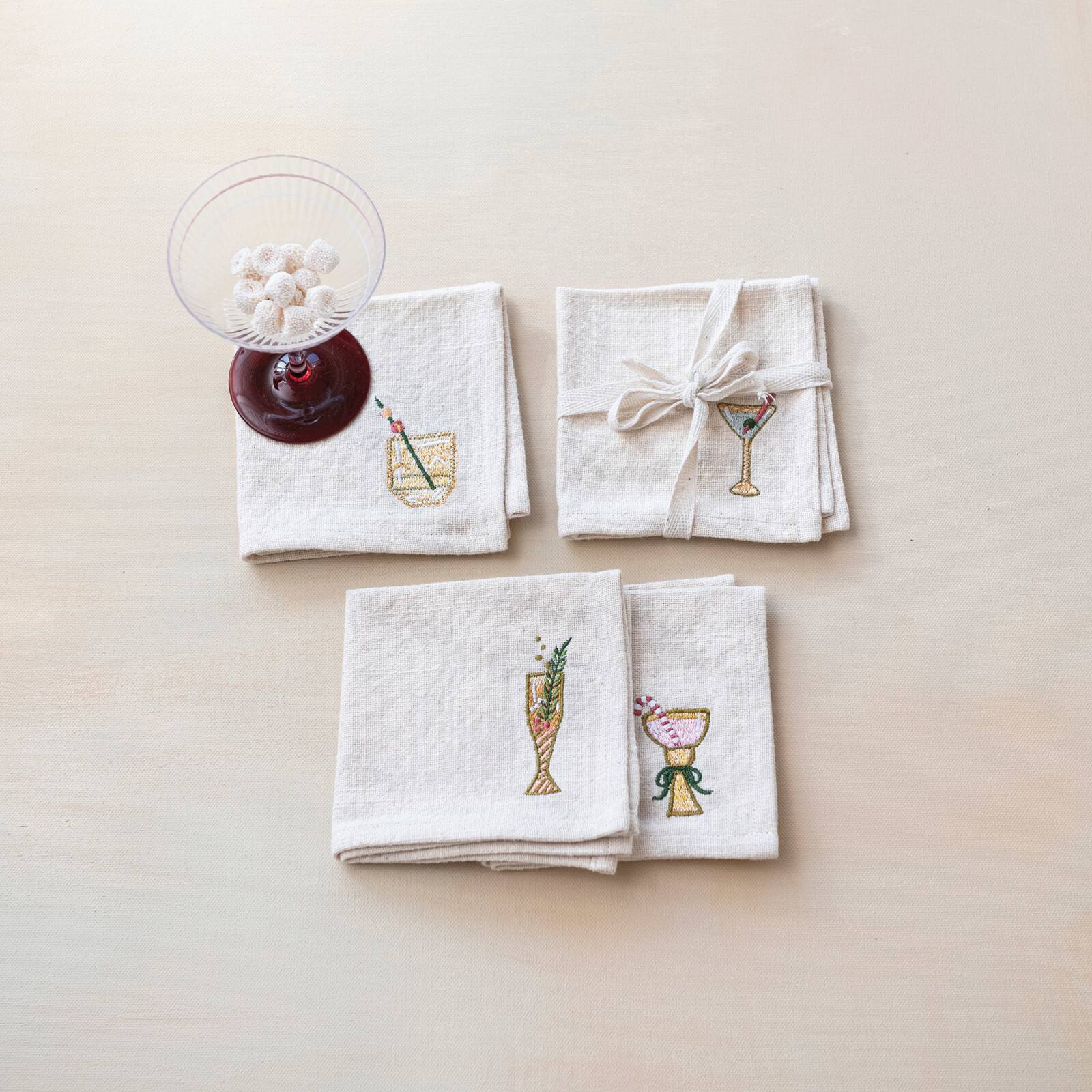 Hello Honey&#xAE; Multicolor Cotton Cocktail Napkin with Embroidered Holiday Cocktail Set