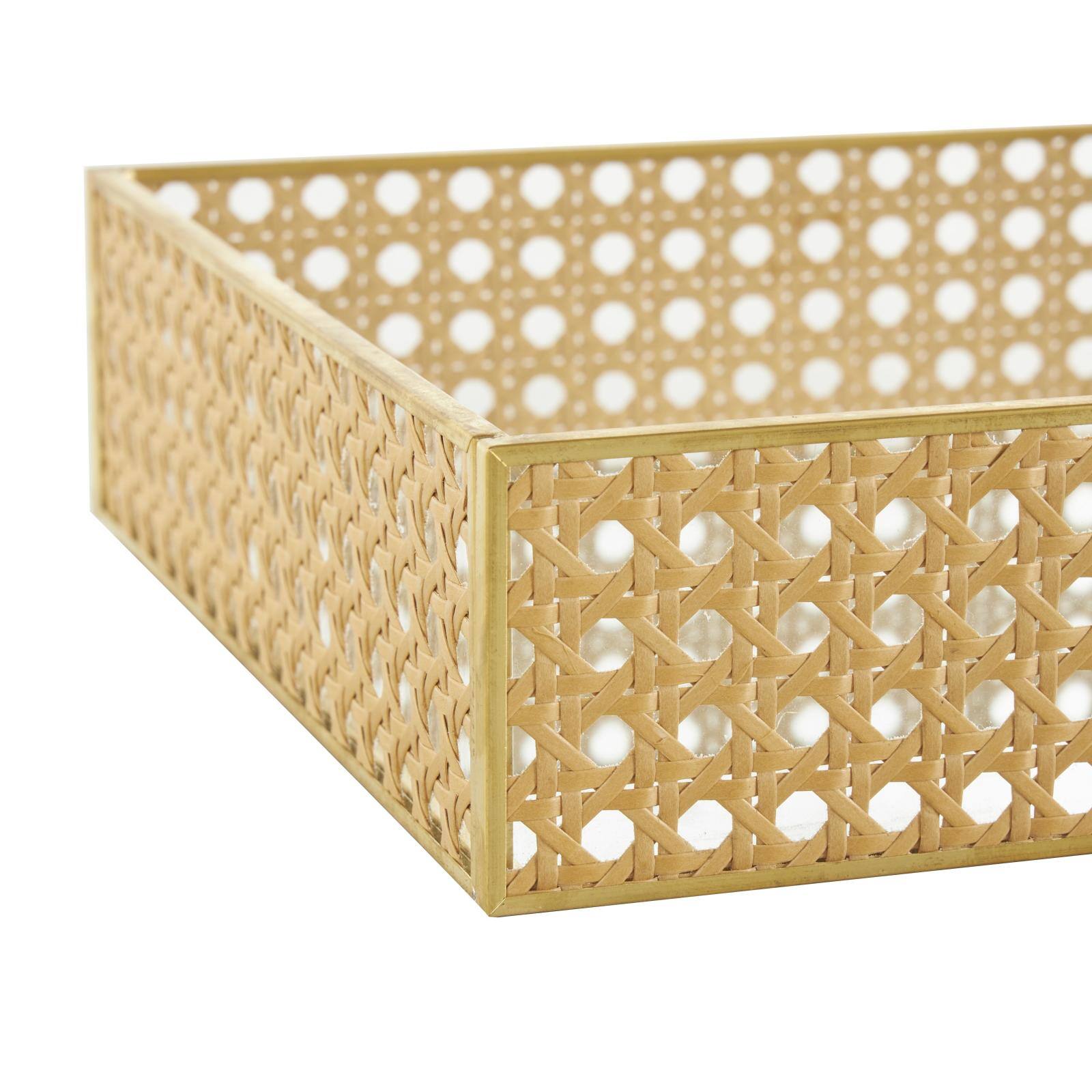Brown Woven Rattan Tray Set with Mirrored Glass Interiors